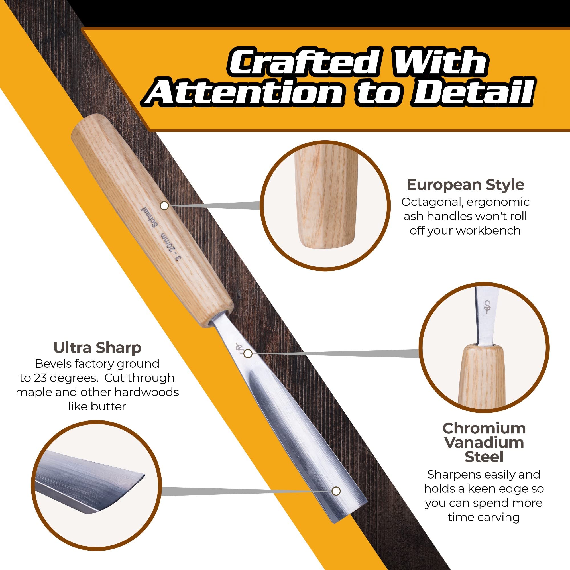 Premium Wood Carving Tools Set - 7 Hand-Sharpened Chisels & Gouges with Canvas Case | CR-V 60 Steel Blades for Professional Woodworking | Perfect for Beginners & DIY Projects | Schaaf Tools | Ideal for Furniture Making, Sculpting & Home Decor Crafts