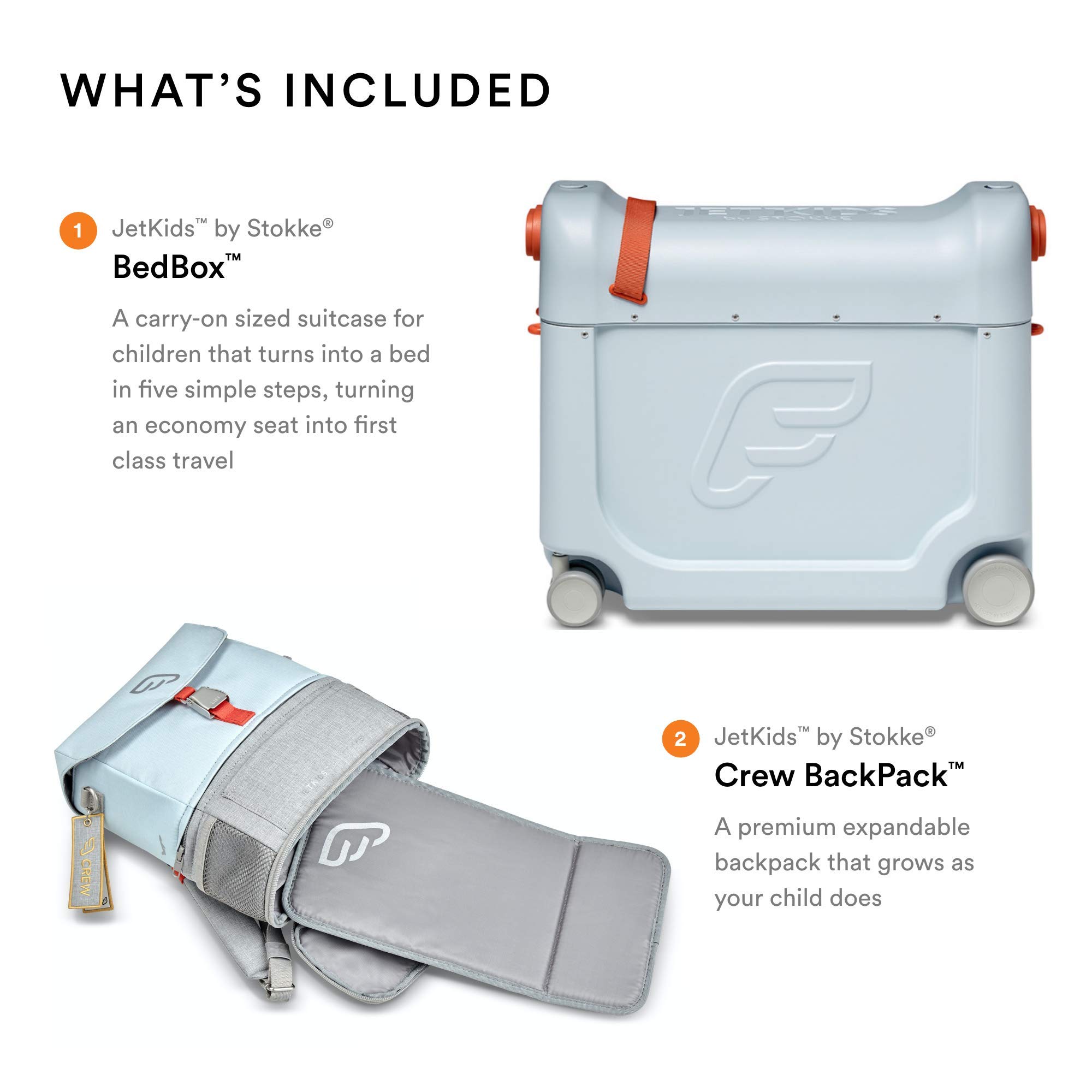 JetKids Stokke Travel Bundle for Toddlers 2-7 Years (77 lbs) - Blue Ride-On Suitcase with BedBox & Backpack - Airplane Essentials for Kids Travel, Road Trips & Family Vacations
