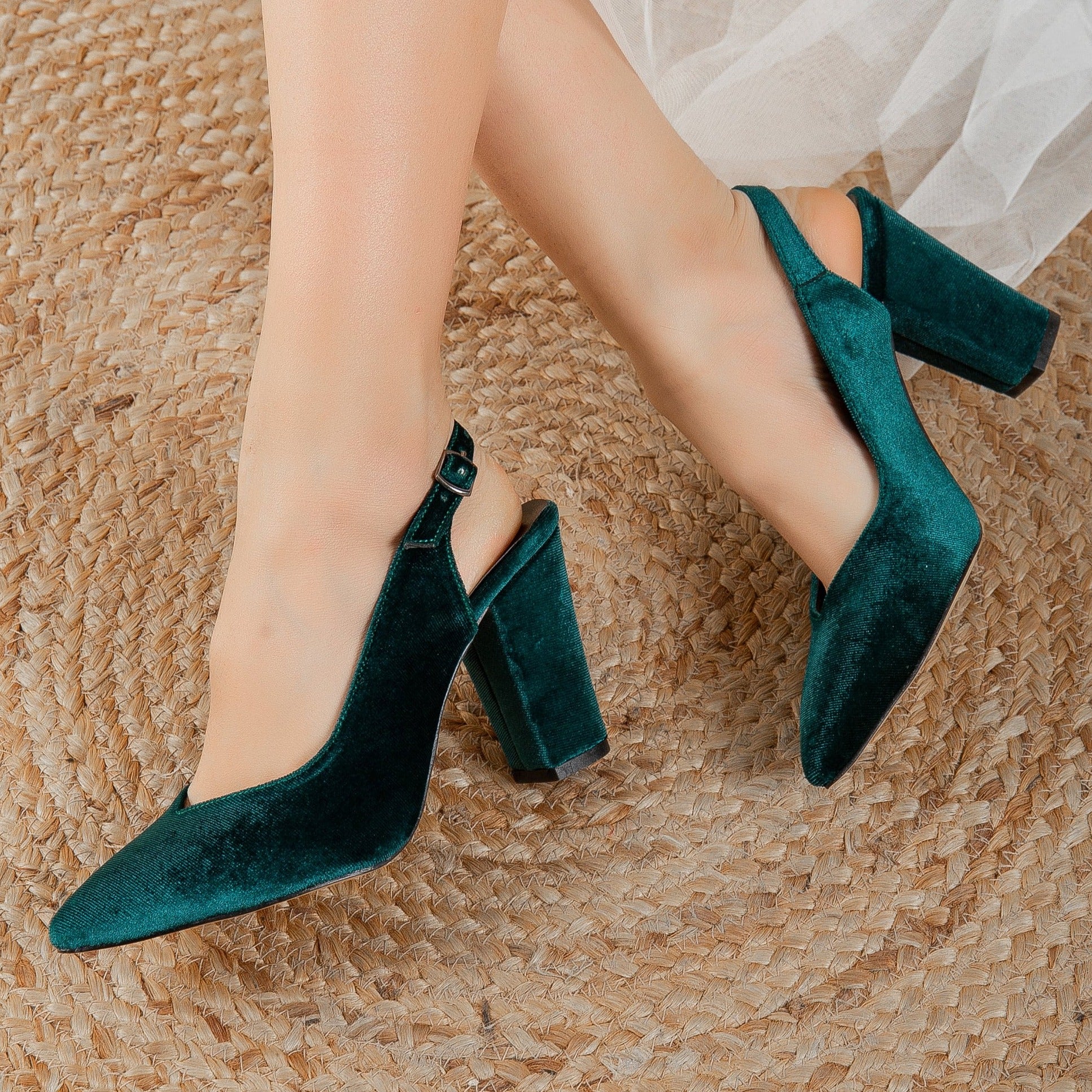 Emma Green Velvet Slingback Heels - Women's Comfortable Dress Shoes for Weddings, Parties & Evening Events | Elegant Pointed Toe Pumps with Ankle Strap
