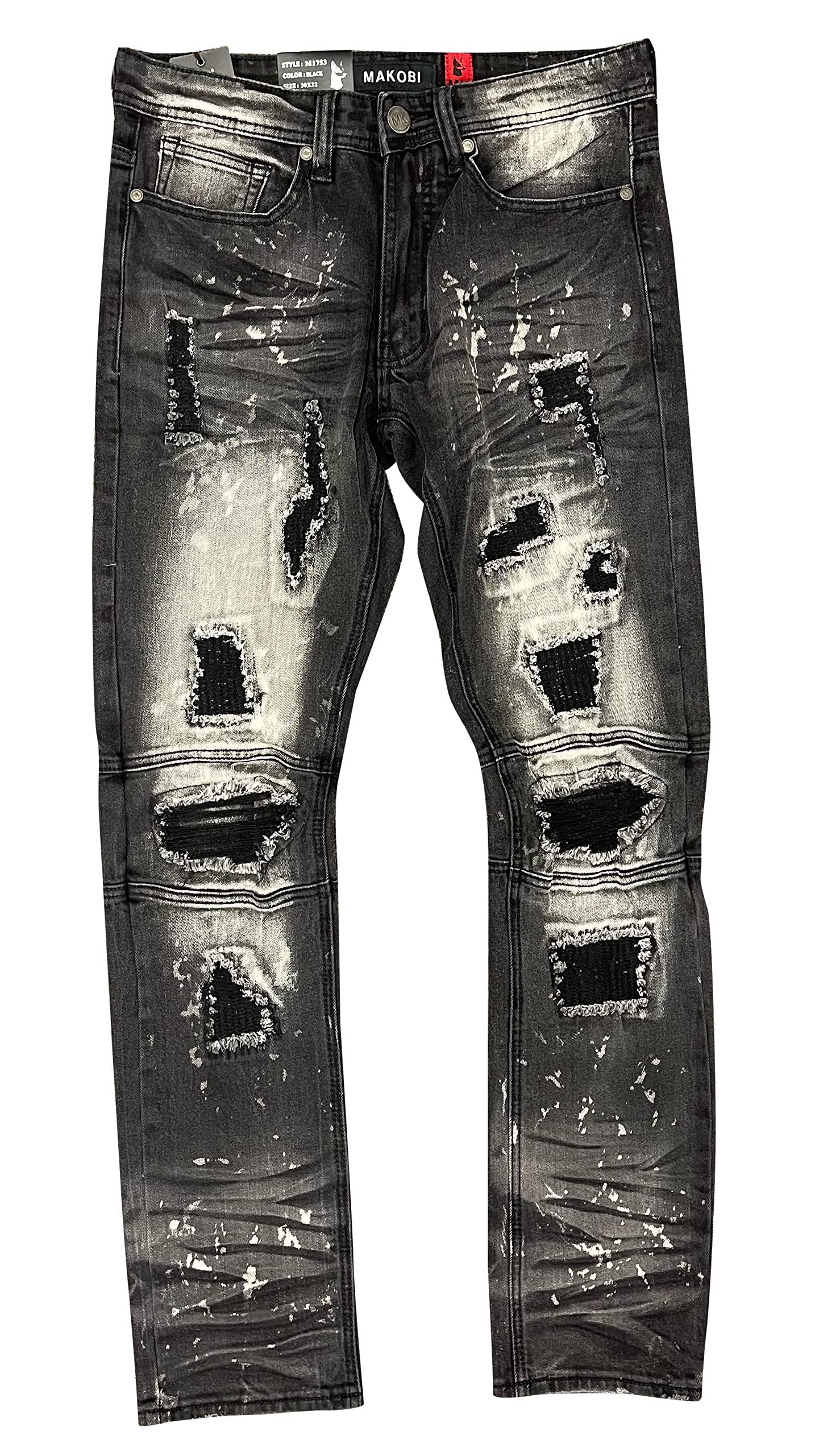 Makobi Men's Big and Tall Black Ripped Jeans with Black Patchwork - 56x32 | Distressed Denim Pants for Casual Wear & Street Style Fashion