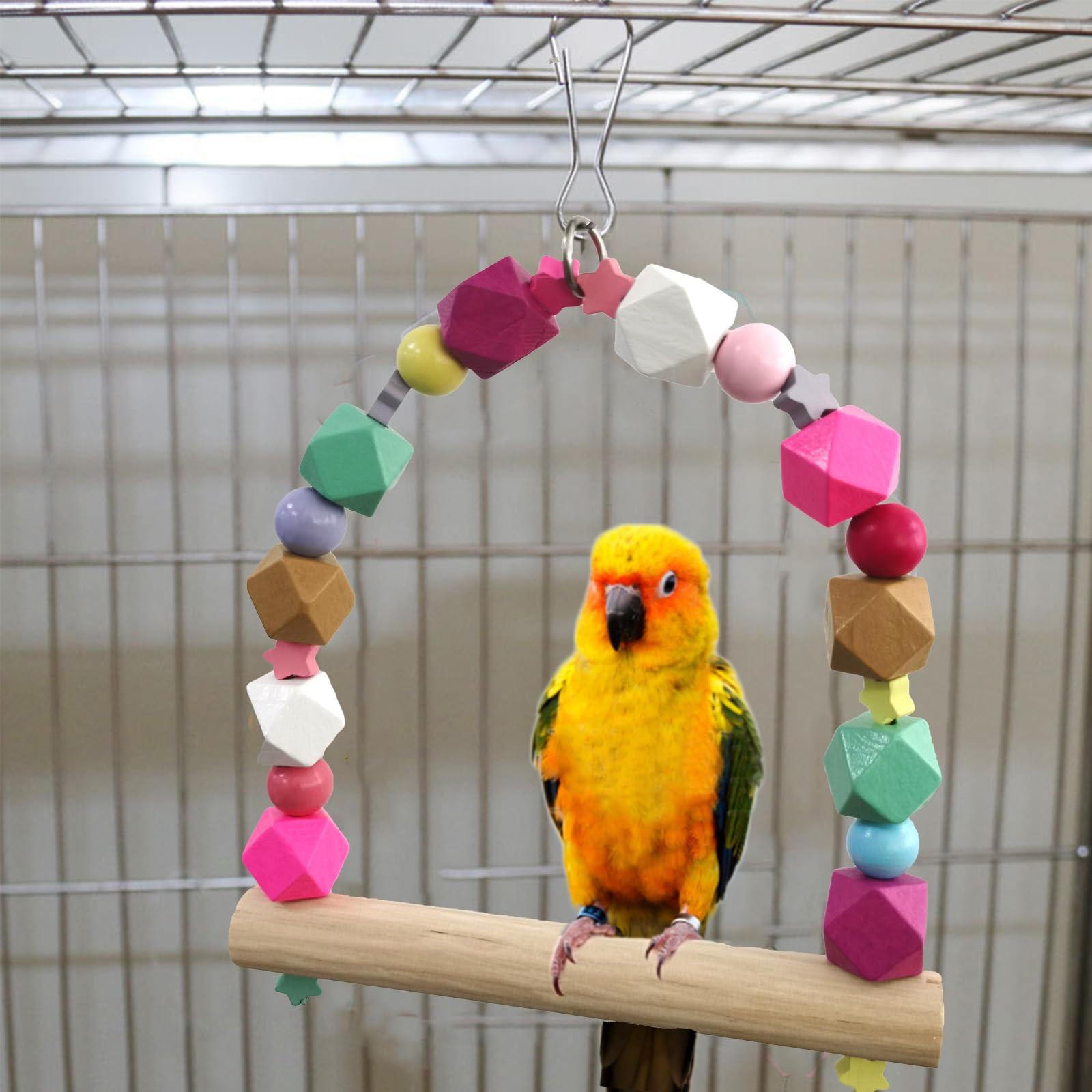 Wooden Bird Swing Perch Toy - Natural Hanging Play Gym for Parrots, Parakeets, Cockatiels, Conures & Budgies - Small to Medium Bird Cage Accessories - Perfect for Playtime, Exercise & Mental Stimulation