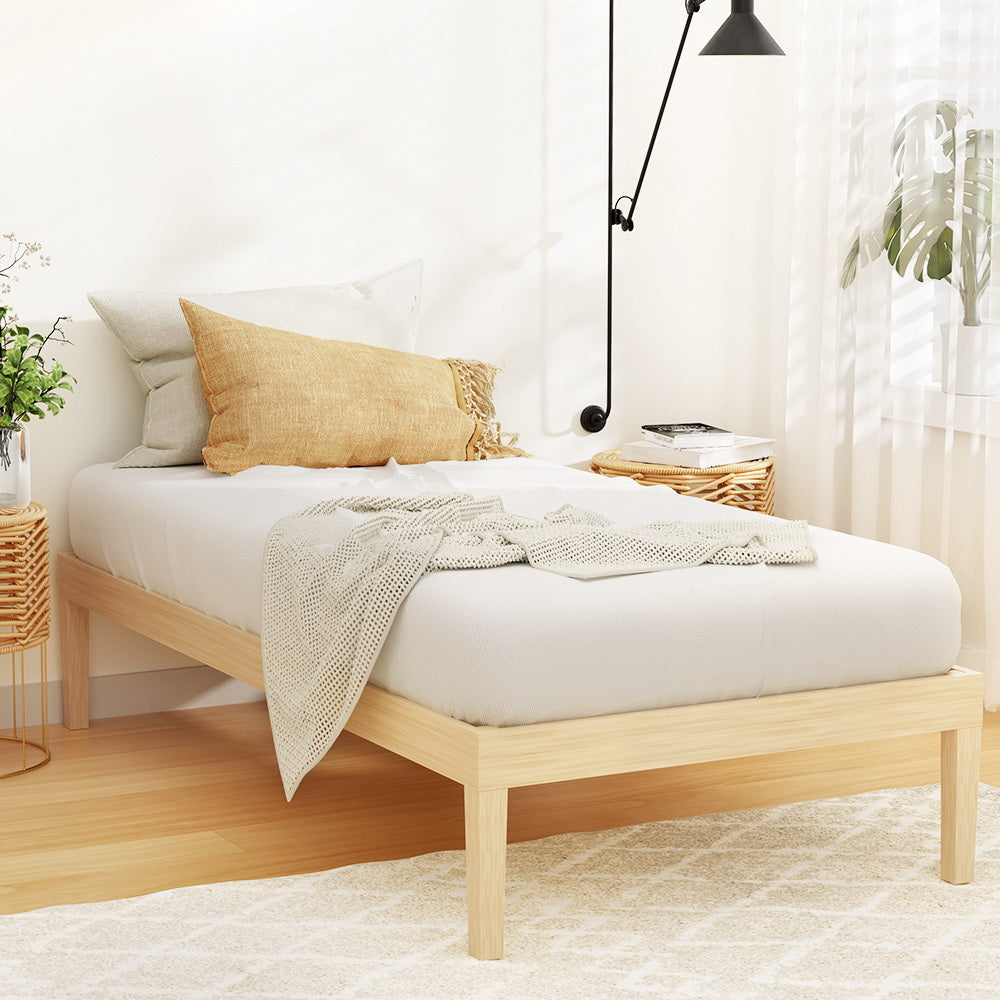Bruno Minimalist Solid Pinewood Bed Frame - Queen Size, Natural Wood Finish | Perfect for Modern Bedrooms, Guest Rooms & Small Spaces