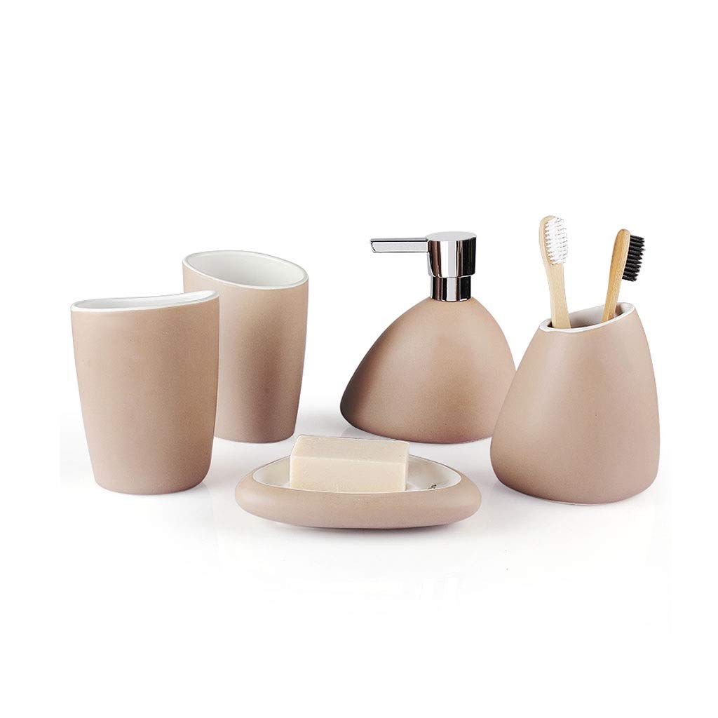 5-Piece Ceramic Soap Dispenser Set - European Style Bathroom Accessories with Soap Dish & Toothbrush Holder - Pink Countertop Organizer for Bathroom, Kitchen, and Vanity