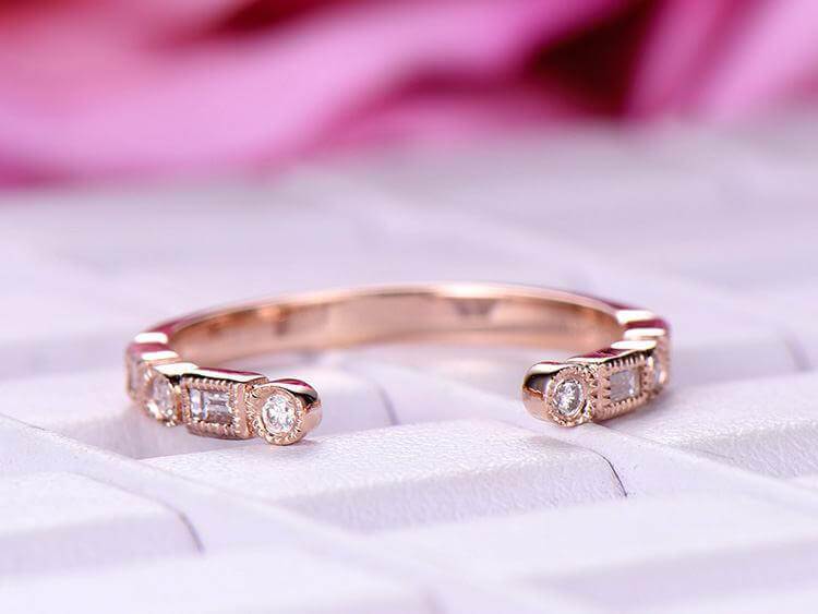 0.25 Carat Moissanite Diamond Half Eternity Wedding Band - 6mm Open Gap Bridal Ring - Round Cut Silver with 18k Rose Gold Plating - Perfect for Engagement, Anniversary & Special Occasion Jewelry Gifts