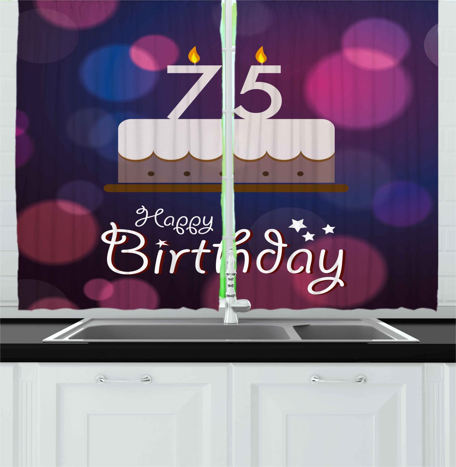 Ambesonne 75th Birthday Kitchen Curtains - Abstract Cake & Candles Design, Purple Magenta White Drapes, 55