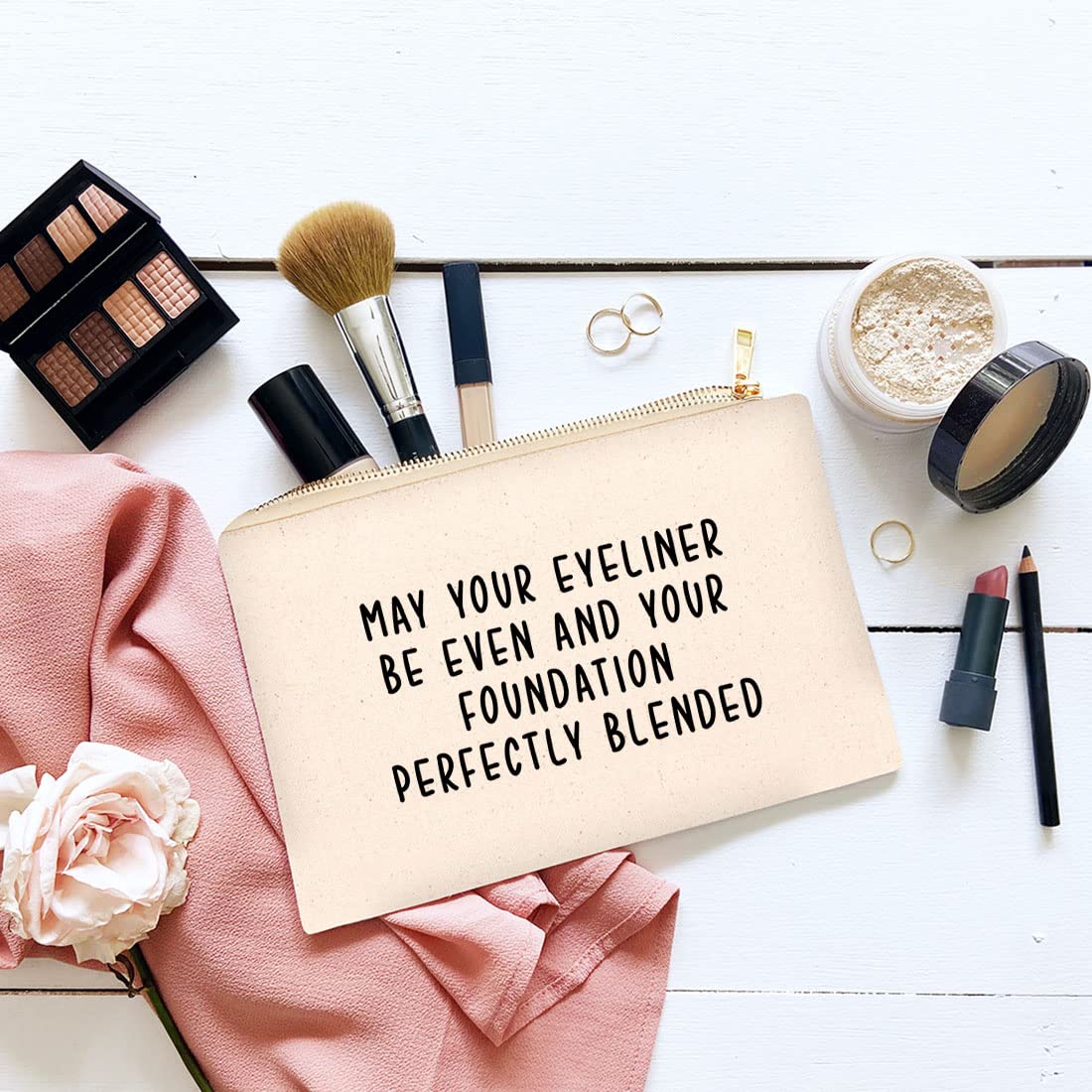 Funny Makeup Bag Canvas Cosmetic Pouch - 'May Your Eyeliner Be Even' Printed Travel Organizer (6.5x9 Inch) - Perfect for Purse, Gym & Birthday Gifts for Women - Great for Travel, Daily Use & Makeup Storage