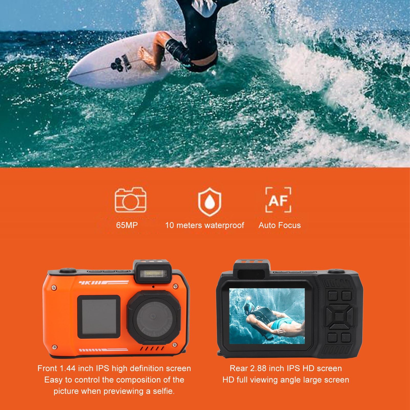 4K 65MP Dual Screen Underwater Digital Camera with 10x Zoom - Waterproof Snorkeling Camera for Diving, Swimming & Travel (Orange) - Perfect for Beach Vacations, Marine Photography & Outdoor Adventures