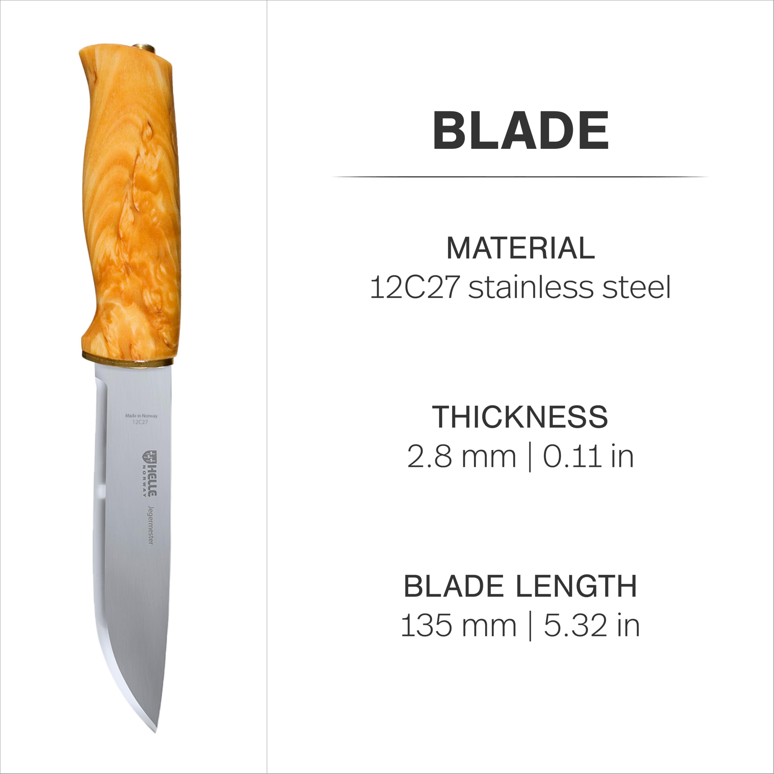 HELLE Jegermester Outdoor Camping Knife - Stainless Steel Fixed Blade with Sheath & Curly Birch Handle - Made in Norway - Perfect for Hiking, Bushcraft, and Survival Adventures