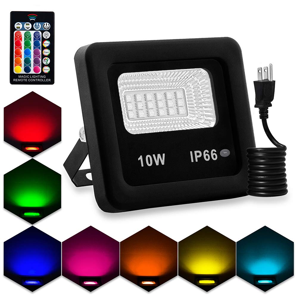 RGB LED Flood Lights with Remote Control - IP66 Waterproof Dimmable Color Changing Spotlight, 16 Colors & 4 Modes - Outdoor Stage Lighting for Garden, Landscape, Party, and Architectural Decoration