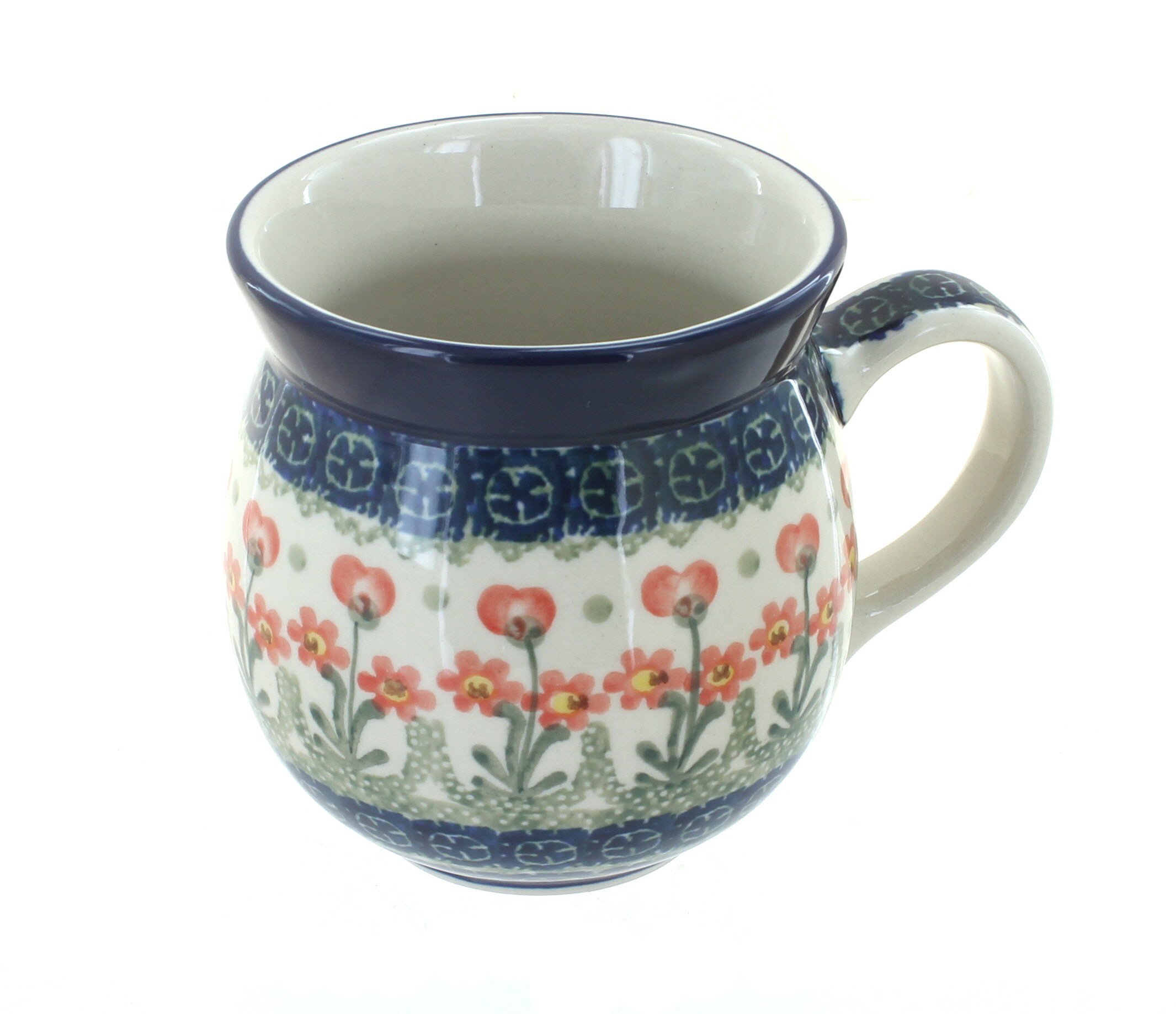 Handmade Blue Rose Polish Pottery Peach Posy Bubble Mug - Vintage Ceramic Coffee Tea Cup for Home Office Gift
