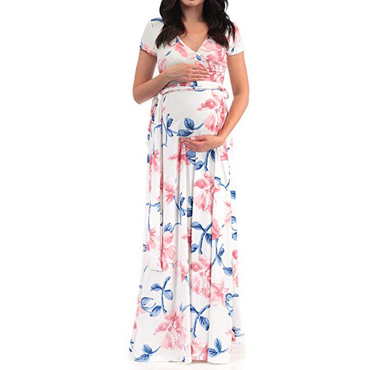ESULOMP Maternity Maxi Dress - Short Sleeve V-Neck Pregnancy Dress for Baby Shower & Photoshoot | Comfortable Casual Maternity Wear for Everyday & Special Occasions