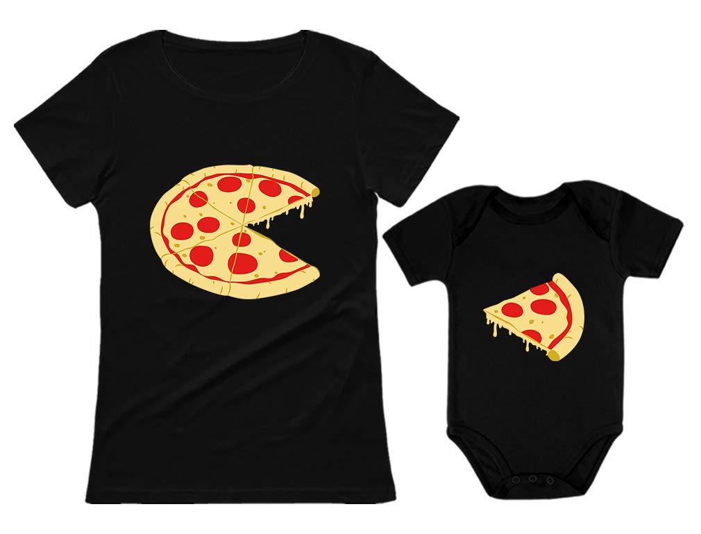 Pizza Pie & Slice Matching Mom & Baby Outfit Set - Cute Mother Daughter Matching T-Shirt & Bodysuit for Family Photos, Pizza Parties & Themed Events