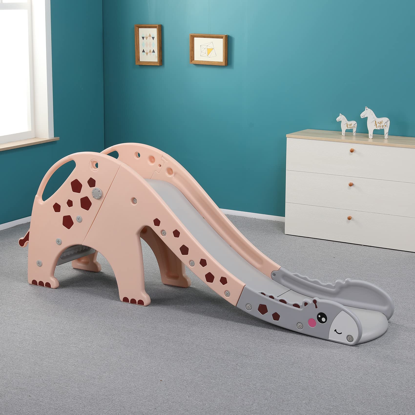 MiniSun 3-in-1 Foldable Kids Slide with Basketball Hoop - Extra Long Sliding Slope & Playground Stairs - Indoor/Outdoor Toddler Playset for Backyard, Playroom & Preschool (Pink Giraffe Design)
