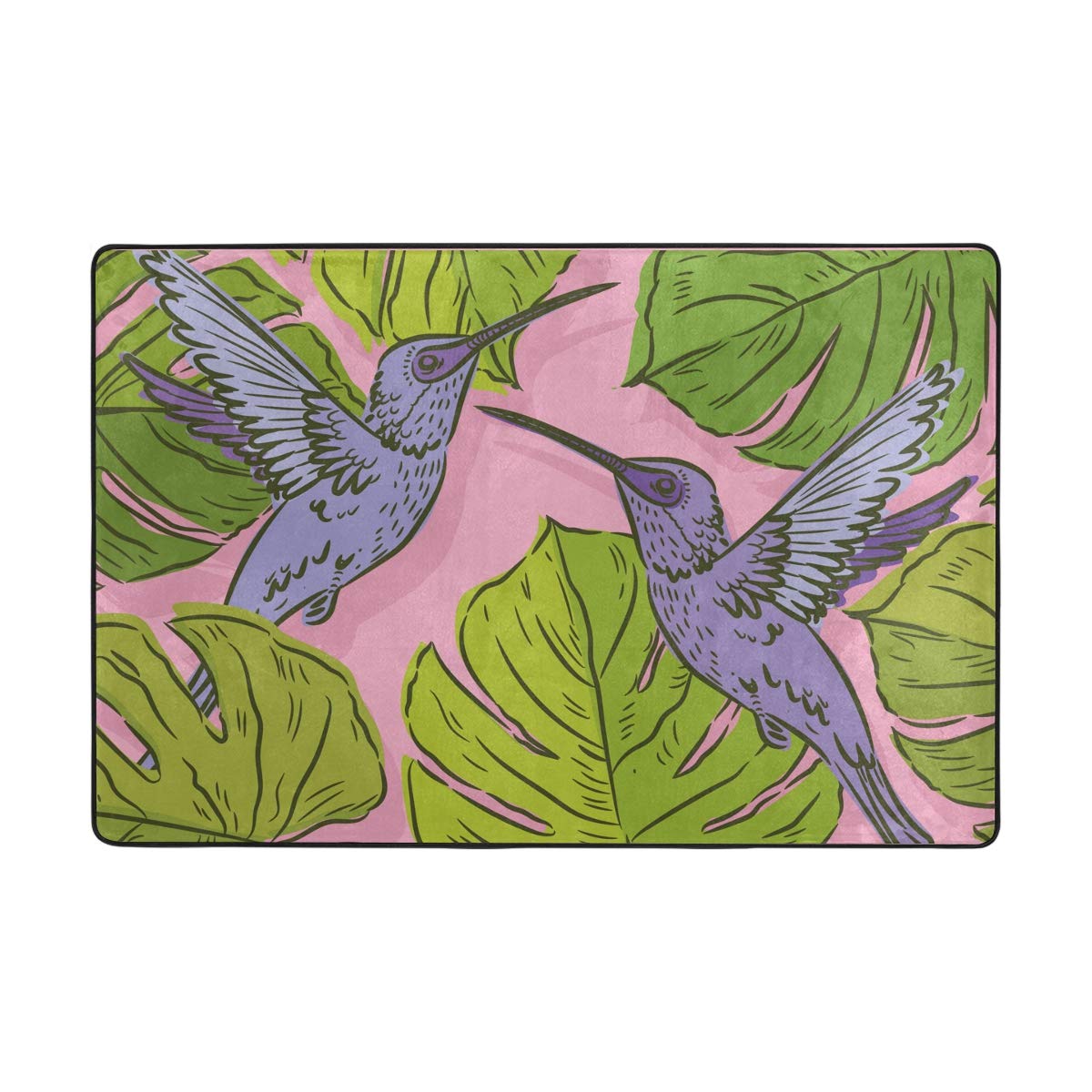 Green Monstera Leaves with Purple Hummingbird Non-Slip Area Rug - Indoor/Outdoor Floor Mat for Entryway, Living Room, Bedroom & Patio