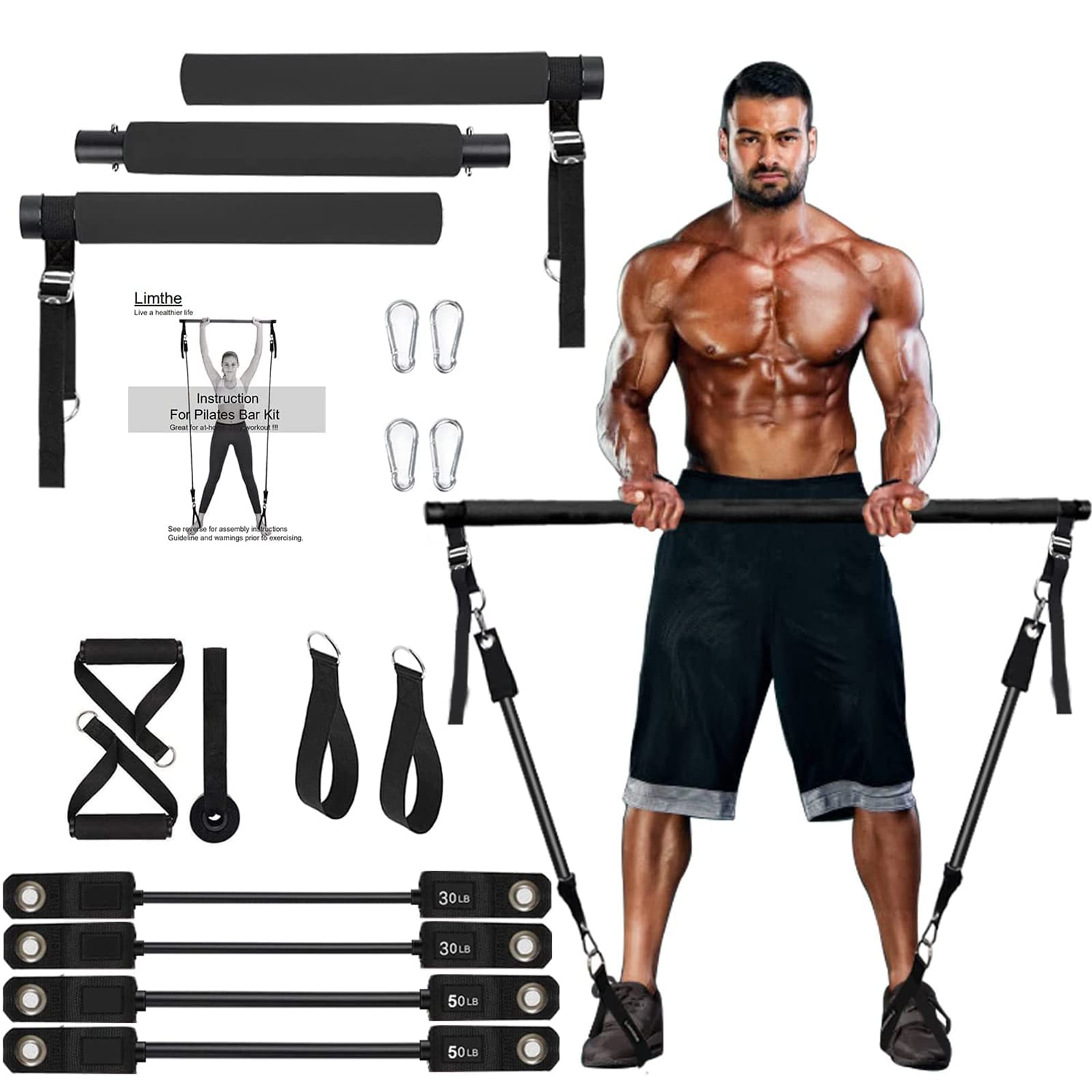Pilates Bar with Resistance Bands (30 & 50lbs) - Adjustable Height Home Workout Equipment for Women & Men - Portable Exercise Band Bar with Comfortable Handles & Door Anchor - Perfect for Yoga, Strength Training & Full Body Workouts at Home or Gym