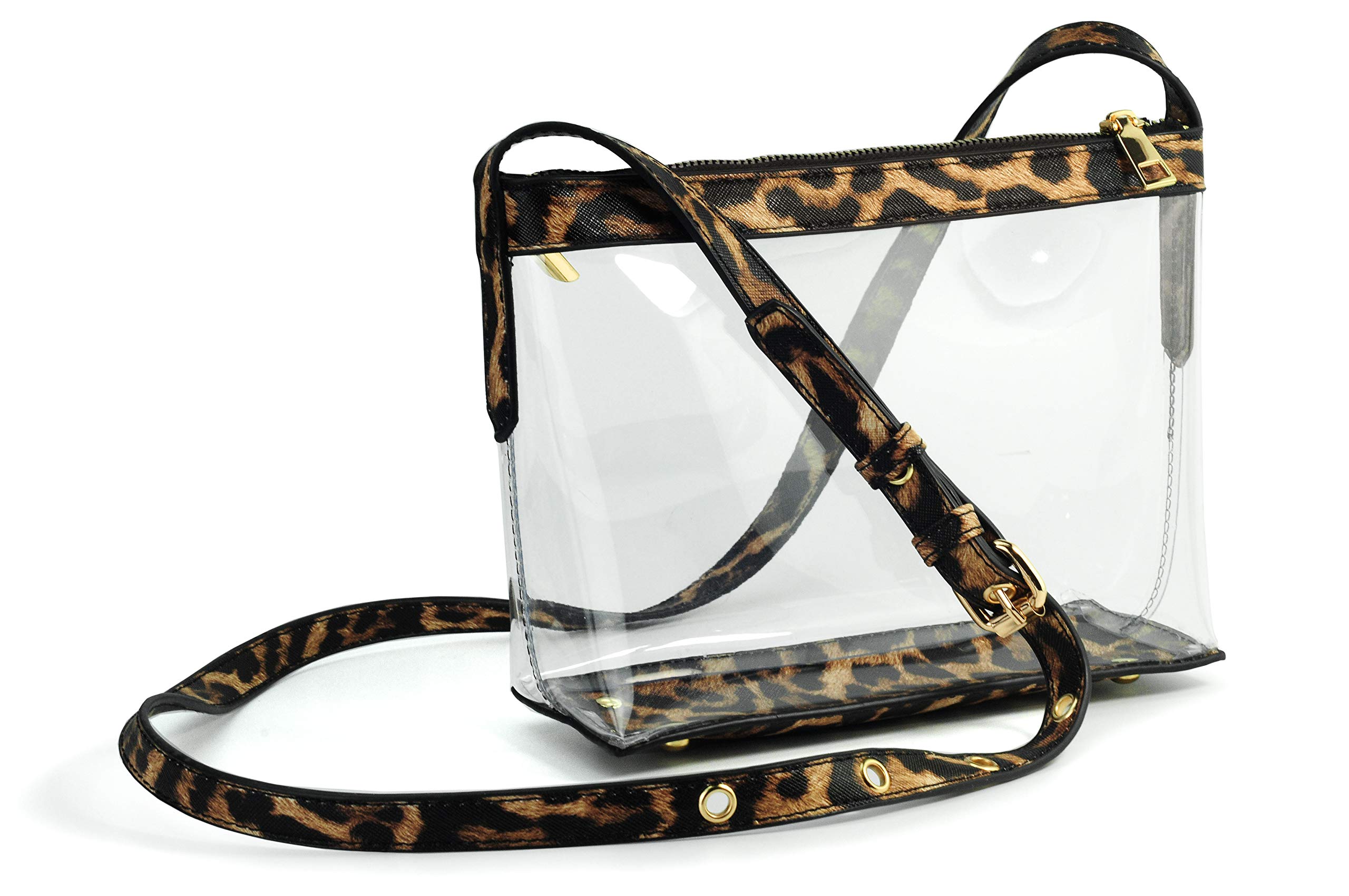 Vegan Leather Trim Clear Zipper Crossbody Bag for Women - Fashionable & Waterproof Purse for Travel, Shopping, and Everyday Use
