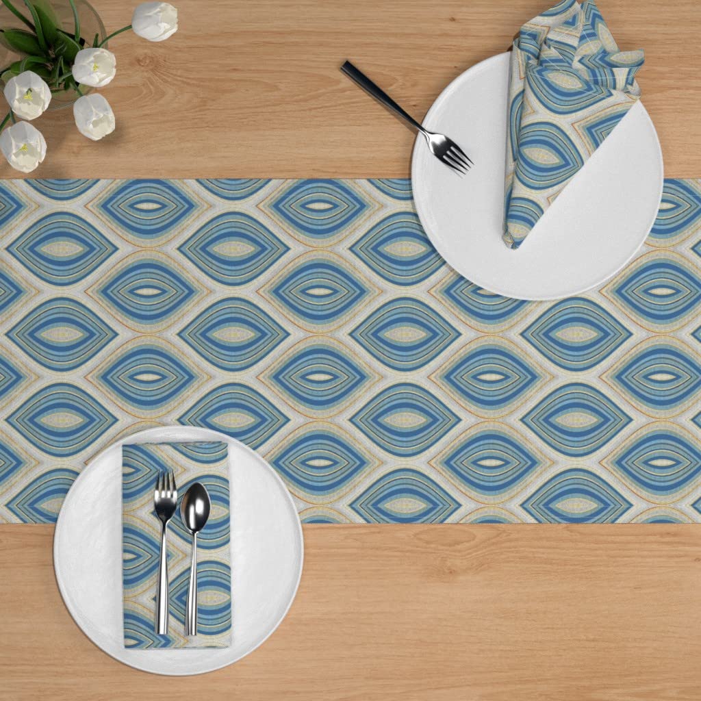 Custom Blue Geometric Beige Cotton Sateen Table Runner 90