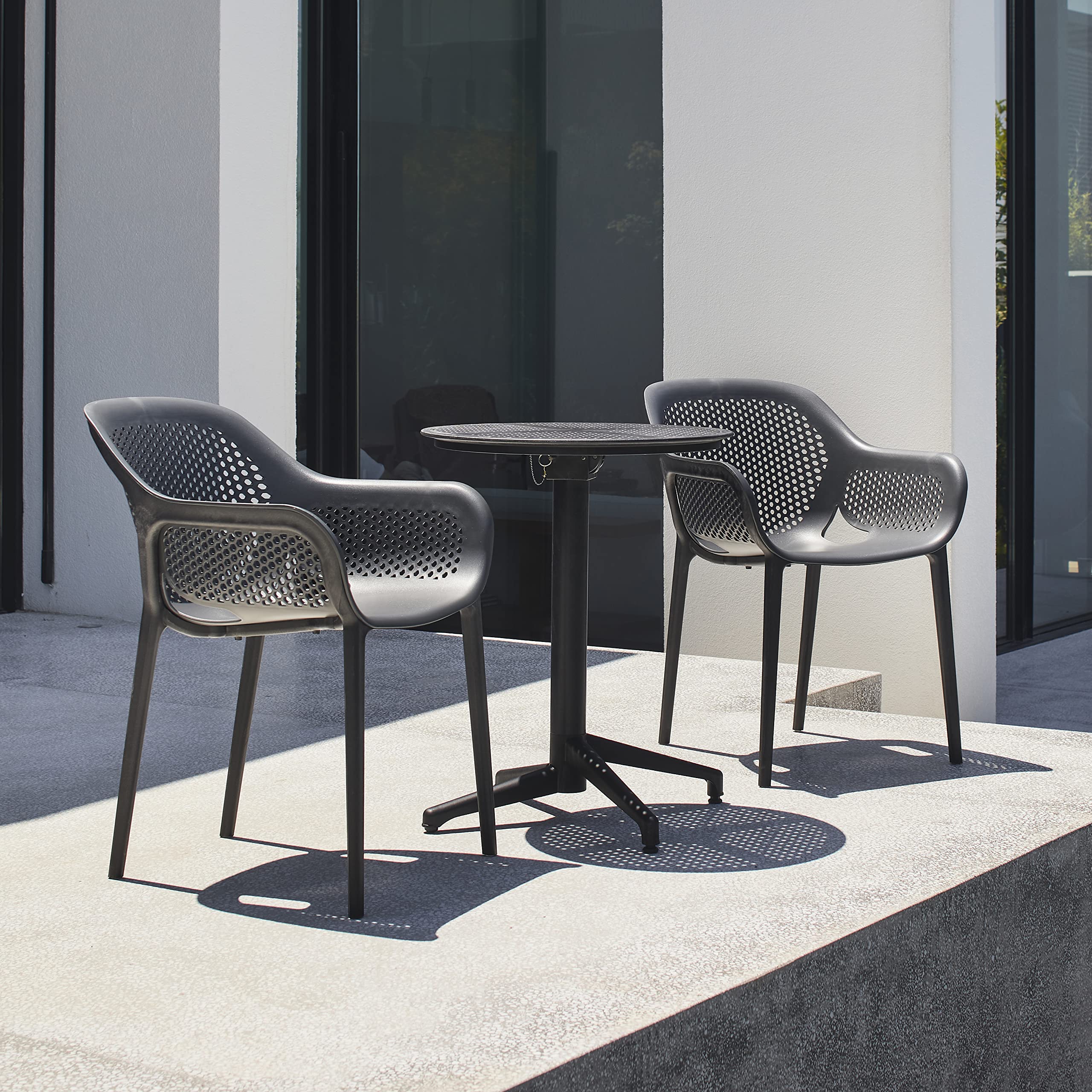 Modern Stackable Patio Dining Chairs (Set of 2) - Indoor/Outdoor Arm Chairs in Anthracite Black - Perfect for Backyard, Garden, Poolside & Dining Room Decor