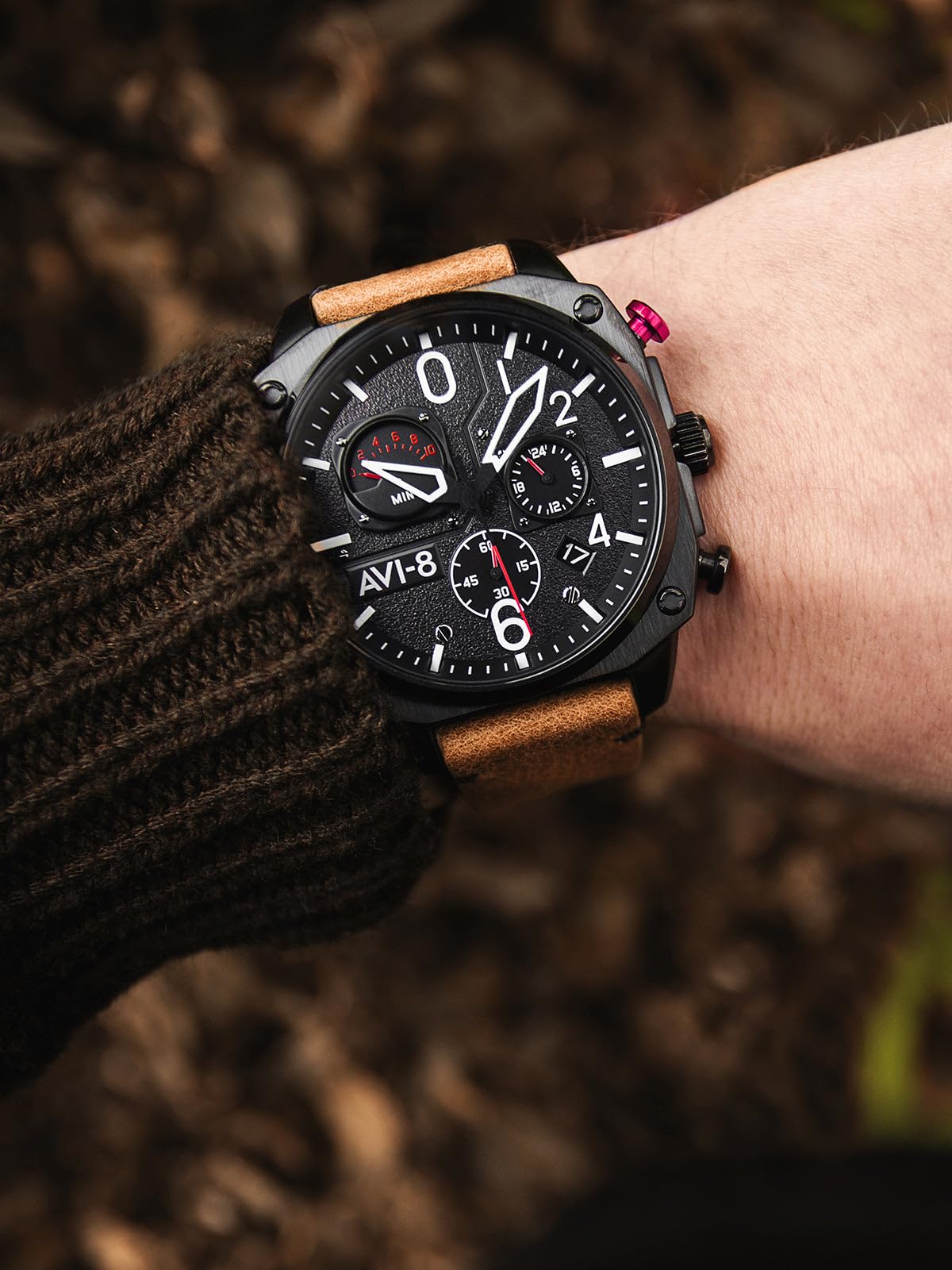 AVI-8 Men's 45mm Hawker Hunter Retrograde Chronograph Pilot Watch - Japanese Quartz Movement, Leather/Rubber/Stainless Steel Strap AV-4052 | Stylish Aviation Timepiece for Business, Casual & Outdoor Adventures