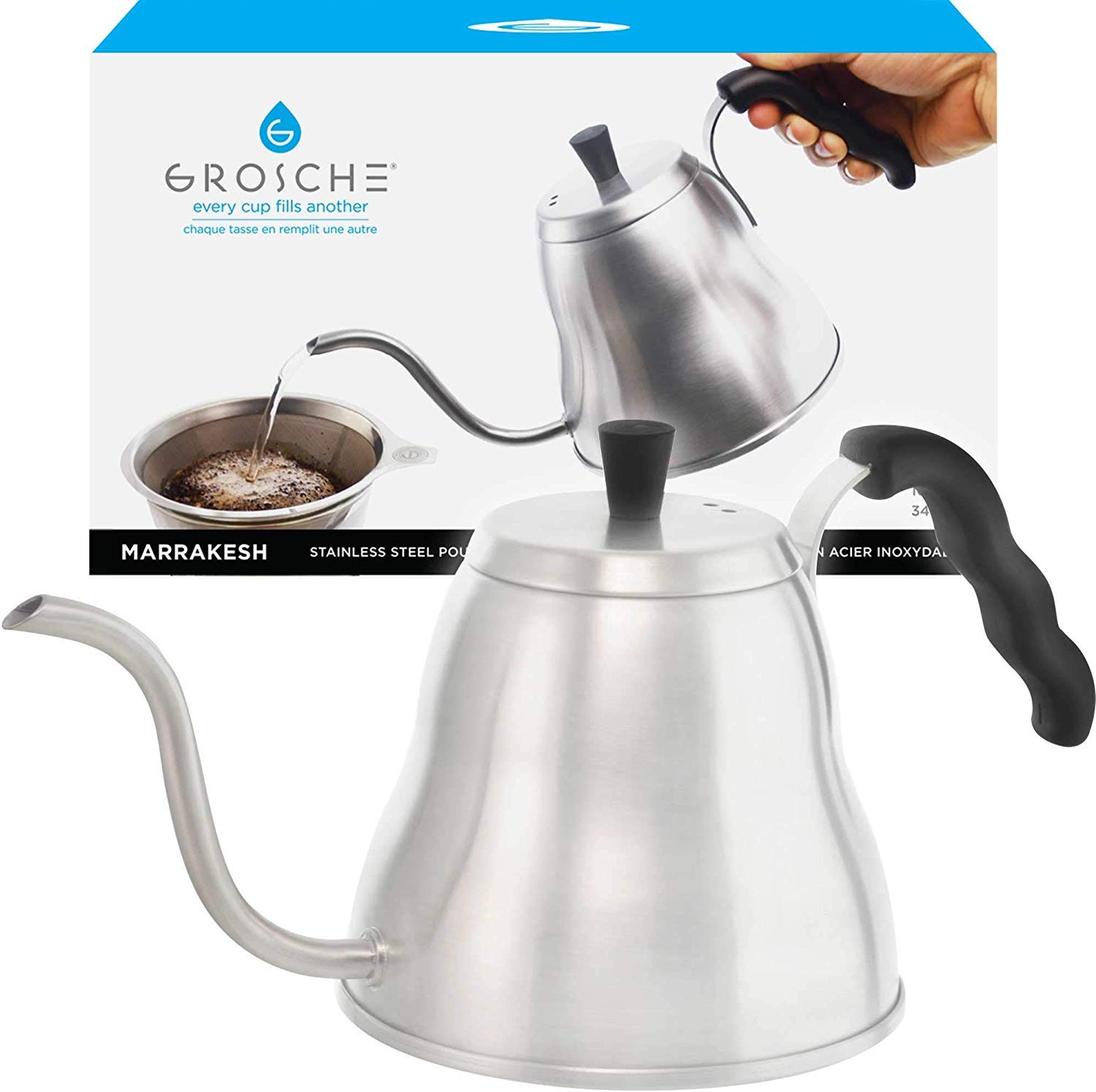GROSCHE Marrakesh Gooseneck Kettle - 34oz Stainless Steel Stovetop Pour Over Coffee & Tea Kettle - Precise Pouring for French Press, Chemex & Drip Coffee - Perfect for Home Baristas & Tea Lovers