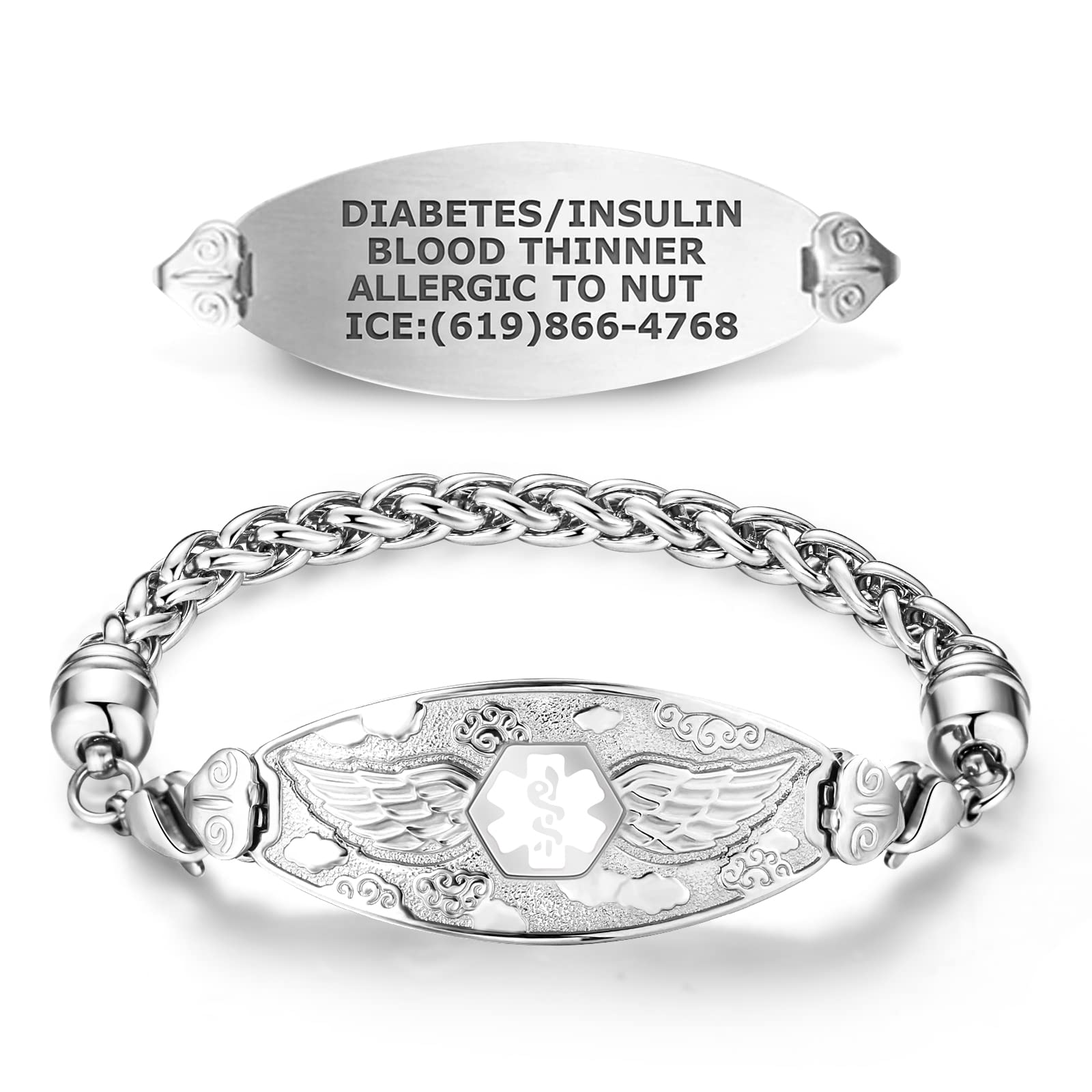 Divoti Custom Engraved Medical Alert Bracelets for Women - Stainless Steel Medical ID Bracelet with Free Engraving - Angel Wing & Wheat Charm - Adjustable Sizes - Perfect for Emergency Medical Identification & Daily Wear