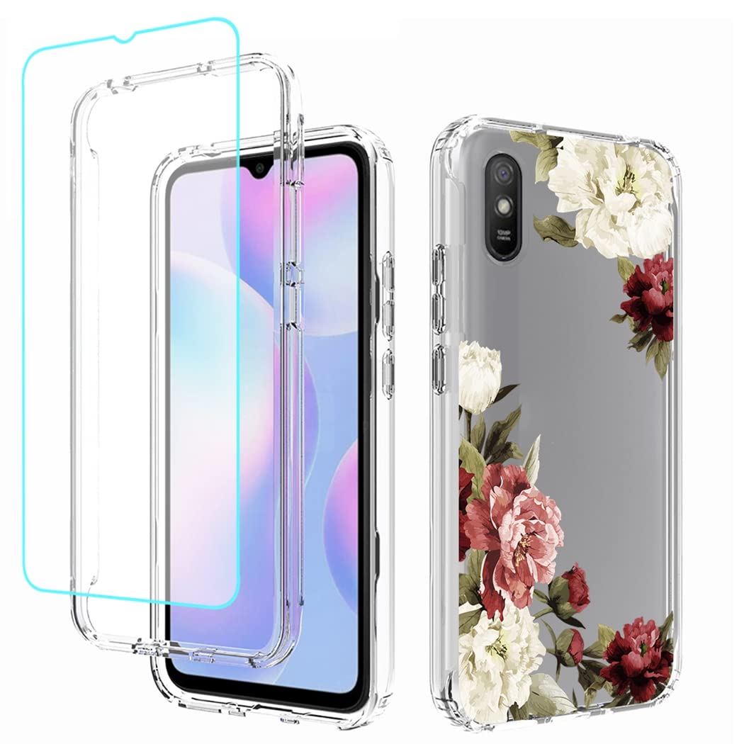 Premium Clear Floral Phone Case for Xiaomi Redmi 9A M2006C3LG/Redmi 9i M2006C3LII - Shockproof Protective Cover with Tempered Glass Screen Protector - Cute Flower Design for Women & Girls - Perfect for Daily Use, Travel & Gift Giving