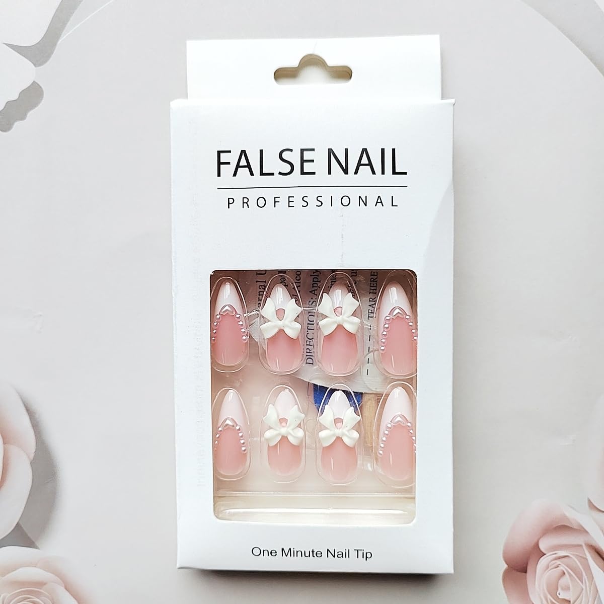 French Tip Press On Nails - 24Pcs Almond Pink Fake Nails with Medium French Pearls & White Bow Nail Charms | Elegant Manicure for Parties, Weddings & Special Occasions