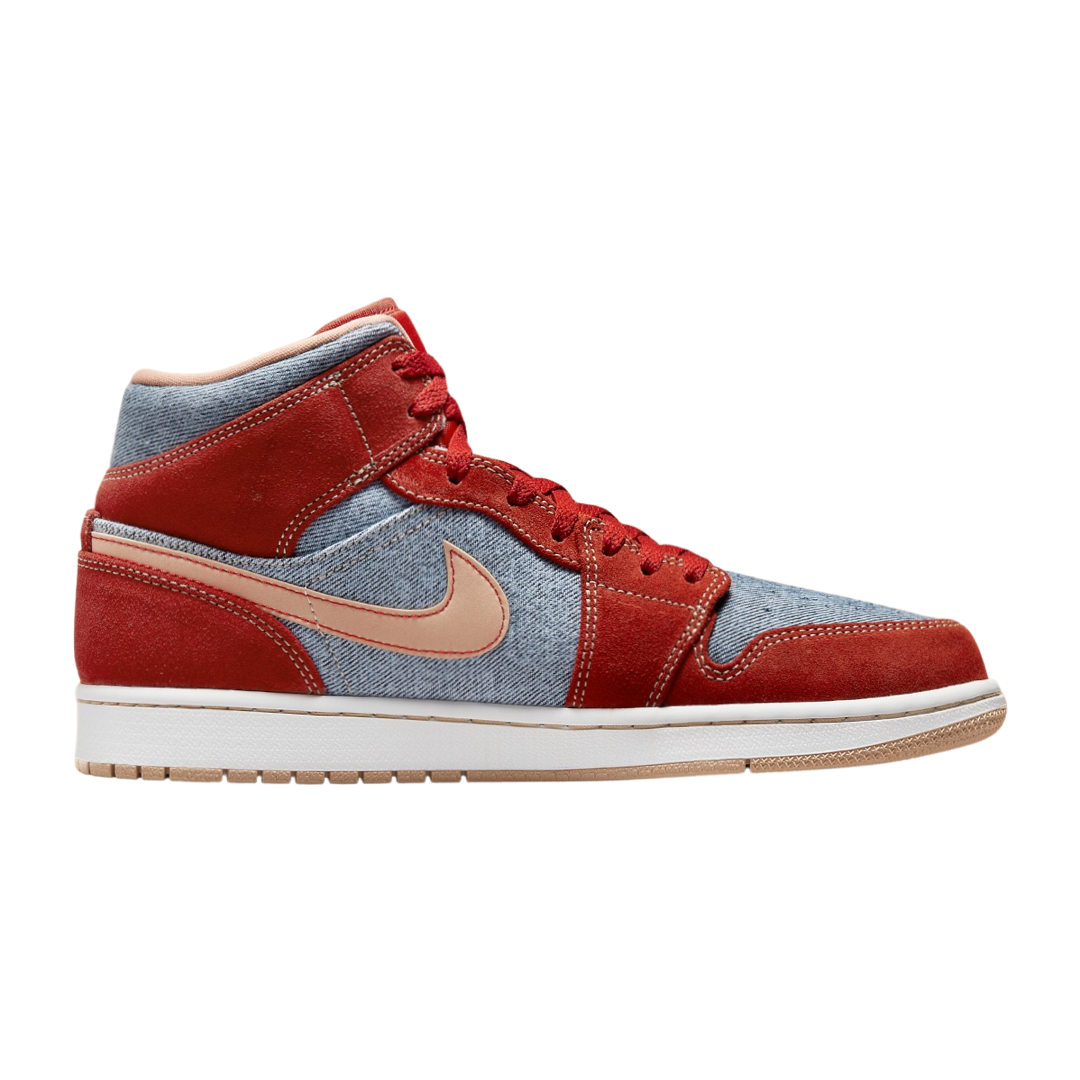 Air Jordan 1 Mid SE Denim Red Sneakers - Men's Basketball Shoes for Casual Wear & Street Style Fashion