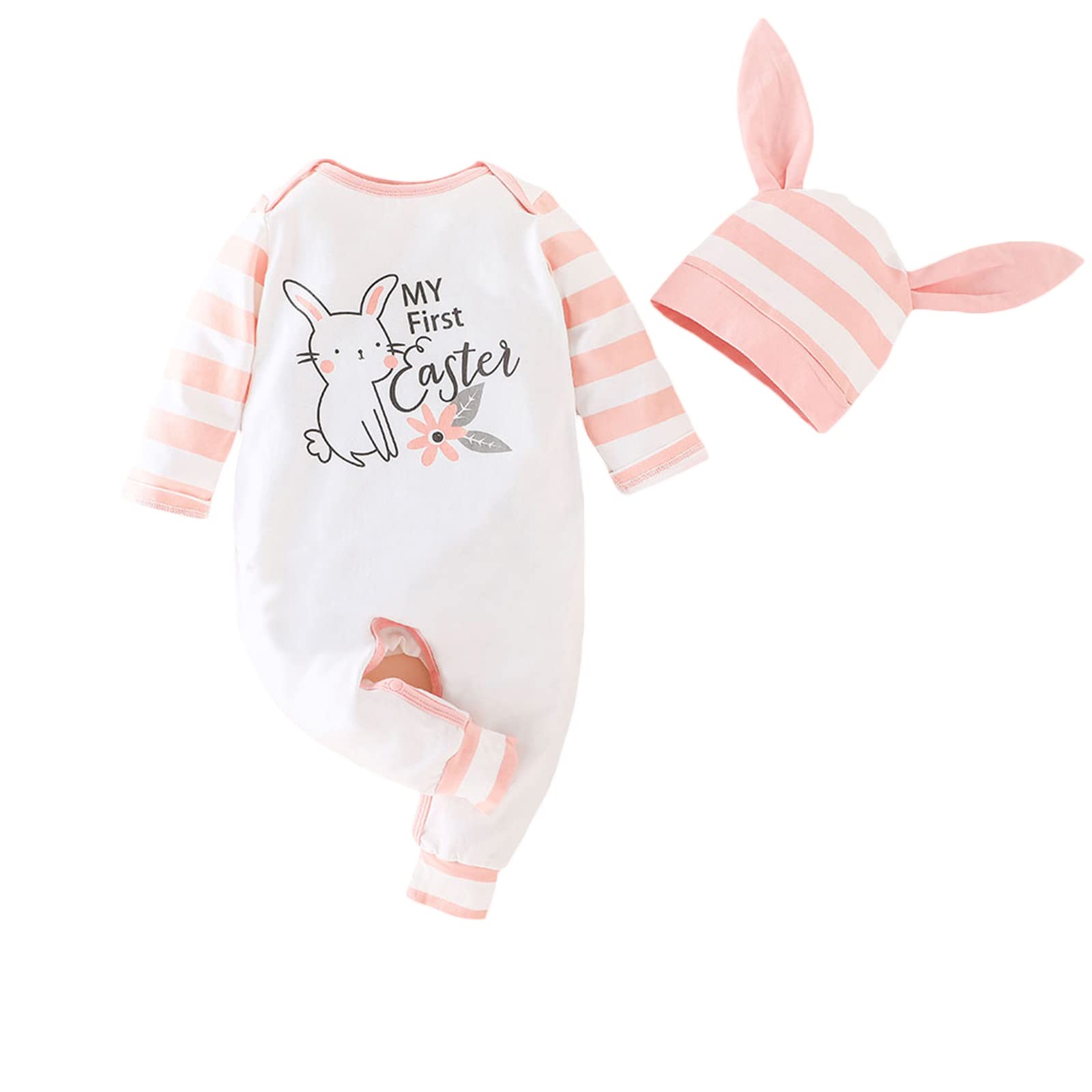 My First Easter Outfits for Baby Girls & Boys - Bunny Print Long Sleeve Romper Jumpsuit with Hat Set | Adorable Easter Sunday Church, Photo Shoot & Spring Celebration Outfit