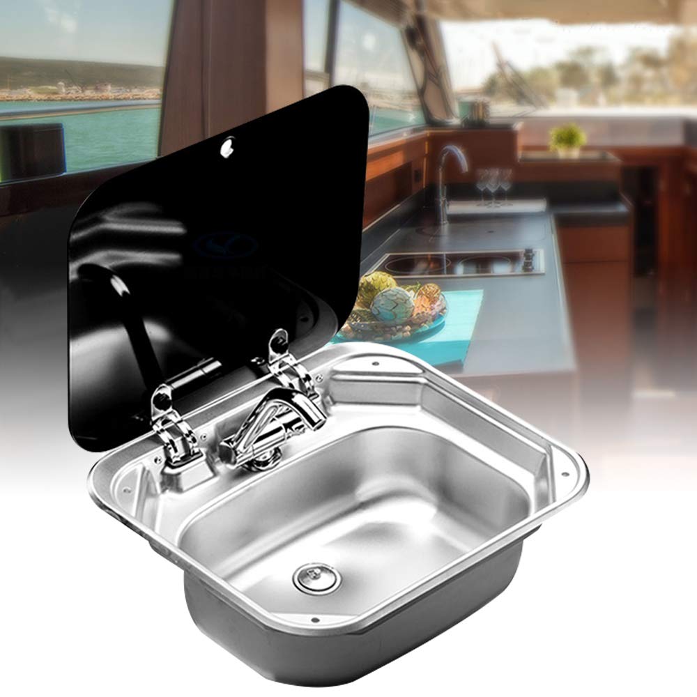 Stainless Steel Single Bowl RV Sink with Glass Lid - Hot & Cold Faucet & Drain Pipe for RV, Caravan, Boat or Kitchen | Compact Hand Wash Basin for Small Spaces & Outdoor Living