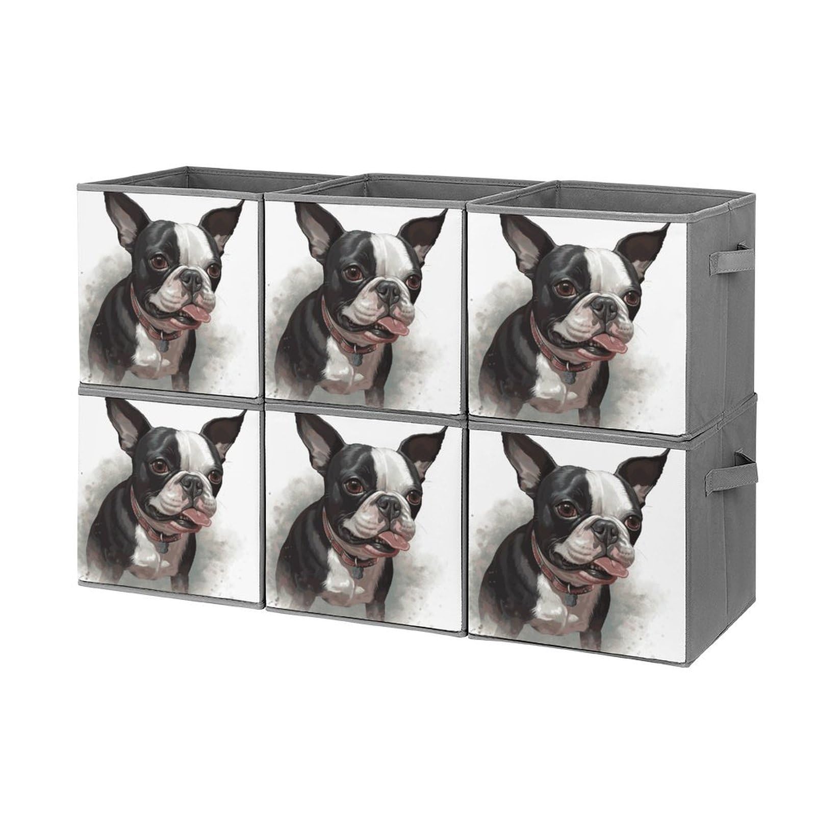 6PCS Collapsible Storage Bins with Handles - Boston Terrier Printed Foldable Storage Boxes for Shelves, Closet, Kitchen & Bathroom Organization | Multi-Purpose Storage Containers for Home, Office & Pet Supplies