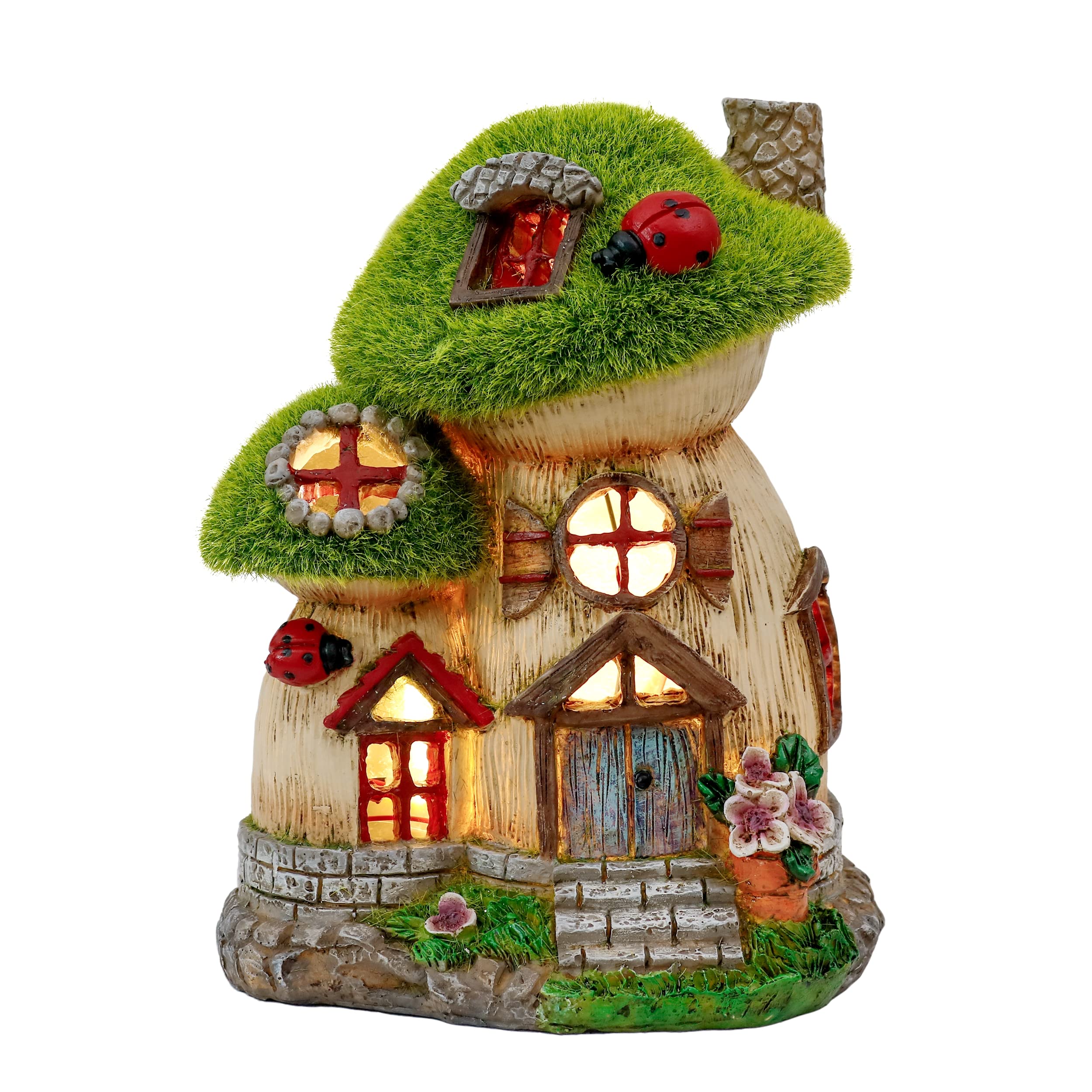 TERESA'S COLLECTIONS Mushroom Garden Statues with Solar Lights - Outdoor Christmas Decor, Resin Fairy House Accessories for Yard & Home - Green Flocked Thanksgiving Gifts for Mom (7.7 Inch) - Perfect for Garden Pathways, Patio Decor & Holiday Gift Giving