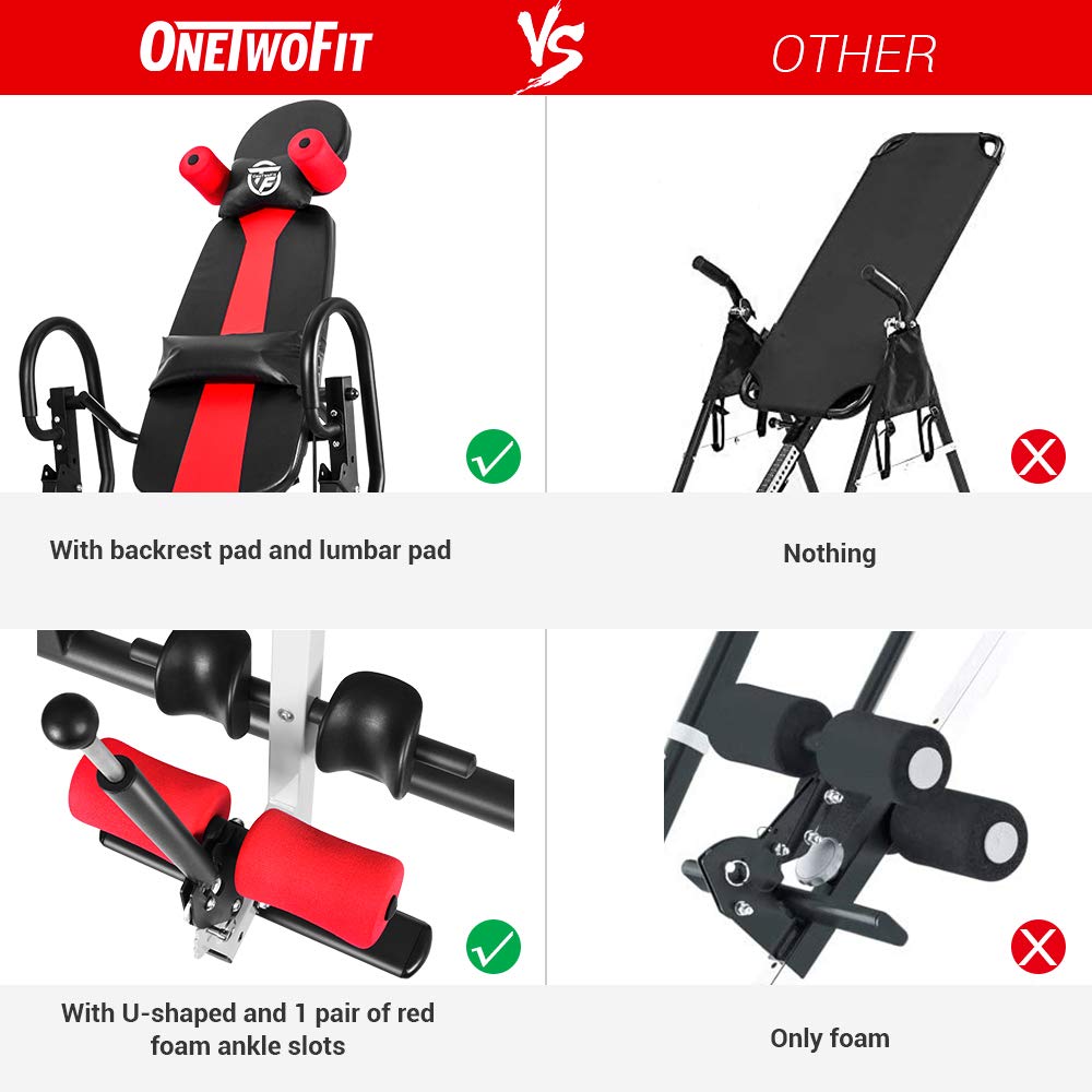 ONETWOFIT Heavy Duty Folding Inversion Table with Comfort Backrest - Adjustable Height Inversion Machine for Back Pain Relief & Muscle Relaxation - Perfect for Home Gym, Physical Therapy & Spinal Decompression