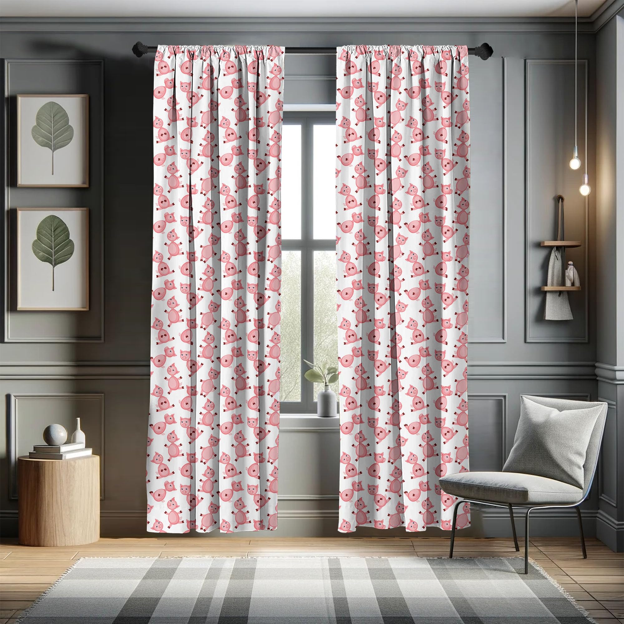 Ambesonne Pig Window Curtains - Cute Cartoon Sitting & Smiling Pigs Farm Animal Design, Lightweight Home Decor 2-Panel Set with Rod Pocket (28