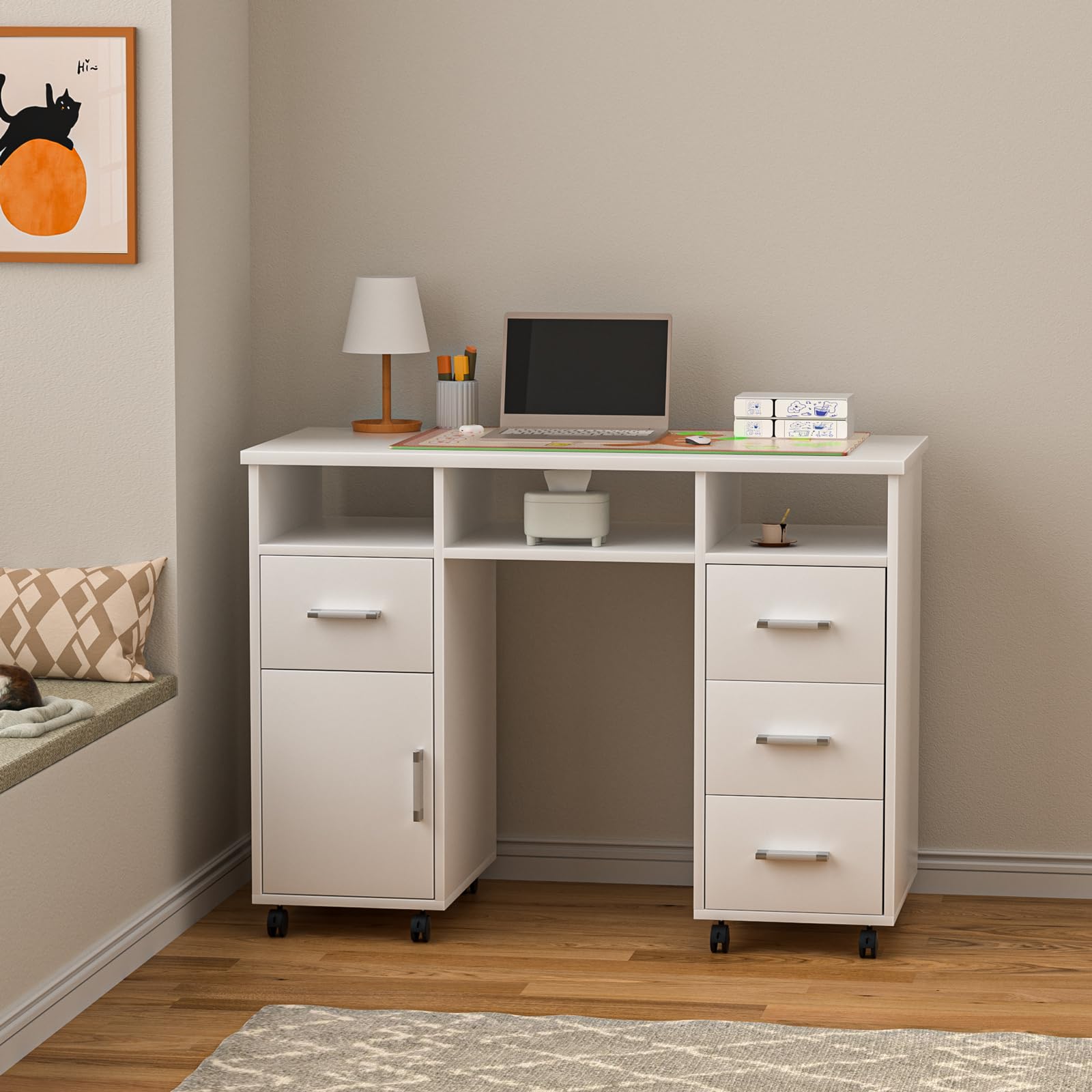 Professional Manicure Table Nail Station with Storage Drawers & Cabinet - Portable Beauty Salon Desk with Wheels, Wrist Pad - Perfect for Home & Professional Nail Technicians (White) - Ideal for Nail Salons, Home Spa, Mobile Nail Services & Beauty Studios