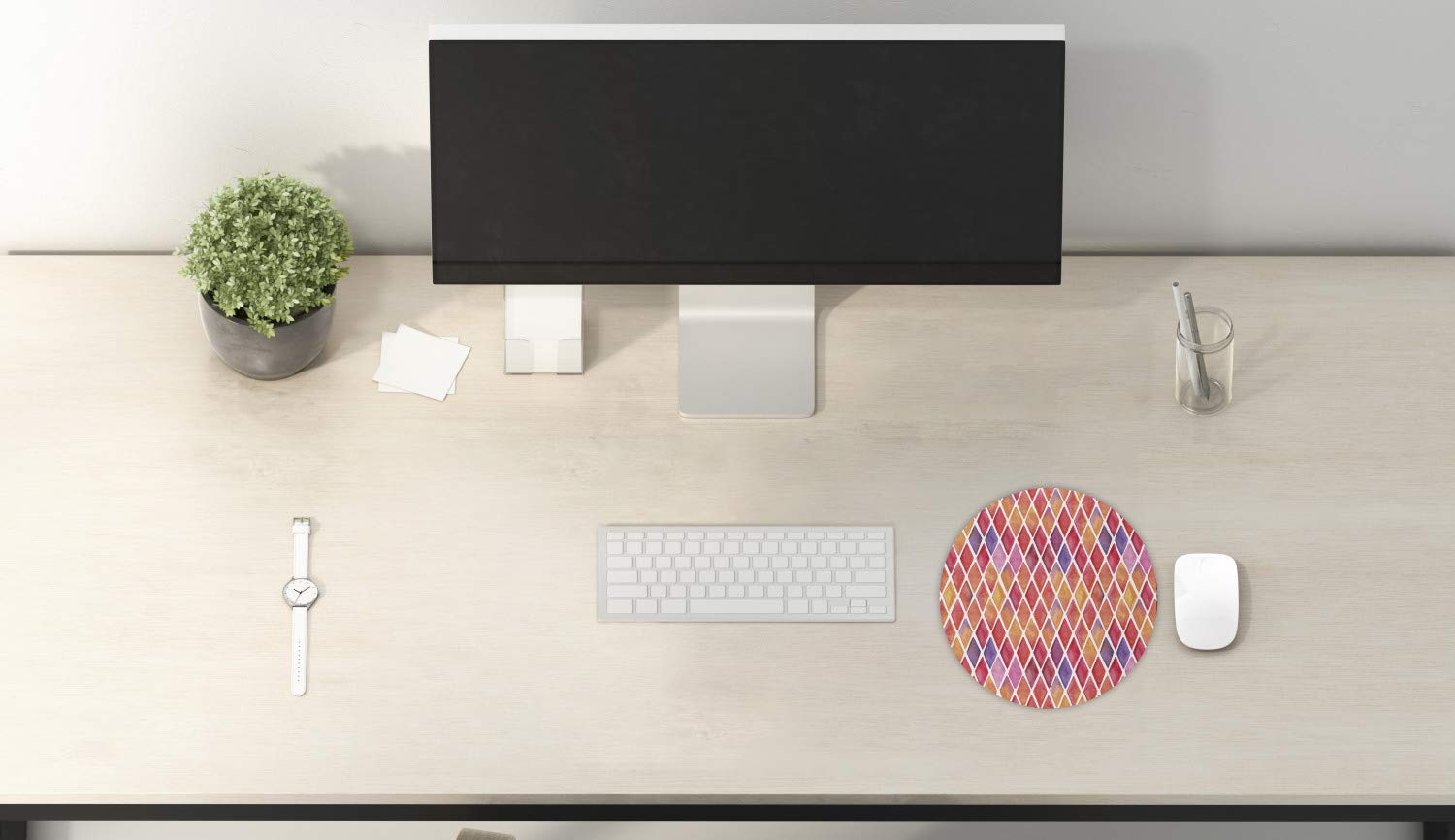 Ambesonne Abstract Watercolor Diamond Mosaic Mouse Pad - Non-Slip Thick Rubber Gaming Mousepad for Computers, 8 Inch Round (Orange Purple Pink) - Perfect for Office, Gaming & Graphic Design