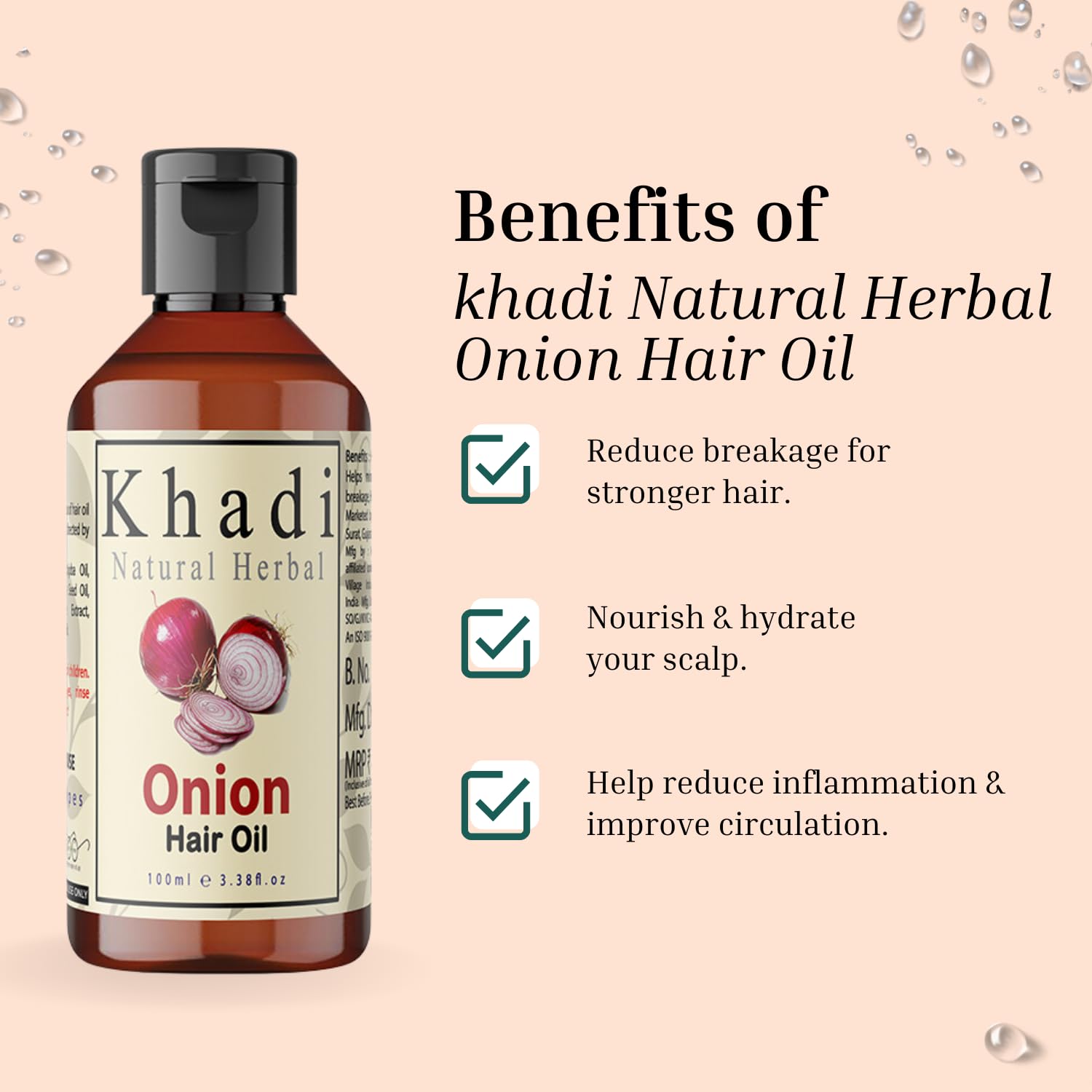 Khadi Natural Herbal Red Onion Hair Oil for Hair Growth & Scalp Care - Infused with Pure Coconut, Jojoba & Sesame Seed Oil - 100ml (Pack of 1) - Promotes Thicker, Longer Hair & Reduces Hair Fall - Perfect for Daily Hair Care Routine & Natural Hair Treatment