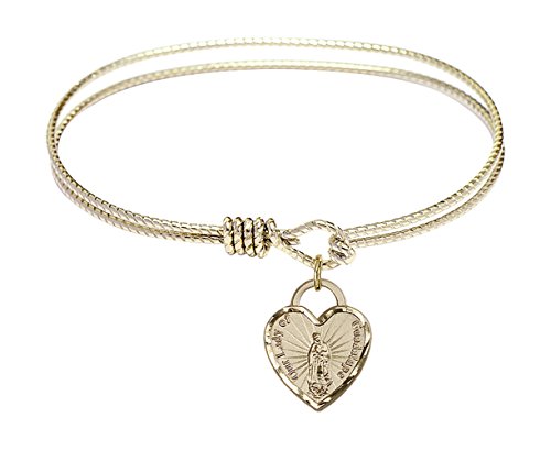 6 1/4 Inch Oval Eye Hook Bangle Bracelet with Our Lady of Guadalupe Heart Charm - Elegant Religious Jewelry for Women, Perfect for Church, Weddings & Special Occasions