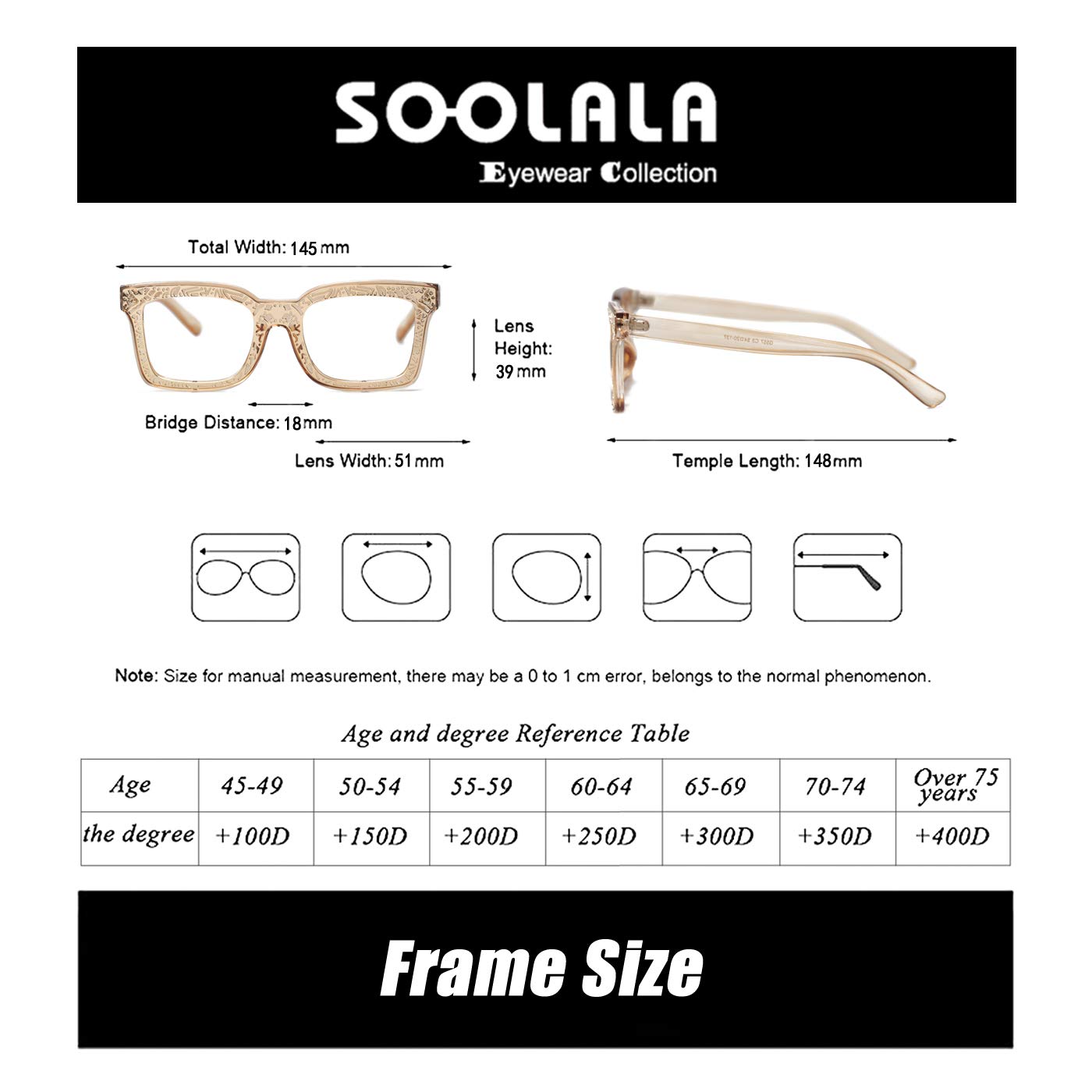SOOLALA Women's Fashion Square Reading Glasses with Patterned Frames - Lightweight Readers for Women - Perfect for Reading, Computer Use & Daily Activities