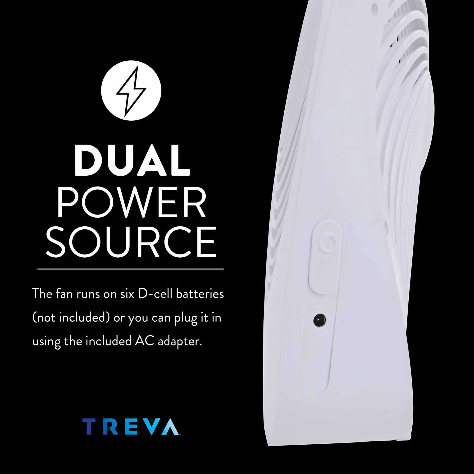 Treva 10-Inch Portable Fan - Battery & AC Powered Desk Fan with 2 Speed Settings, Quiet Operation for Home Office, Dorm Room, Travel & Outdoor Use (White) - Personal Cooling Fan for Work, Study & Camping