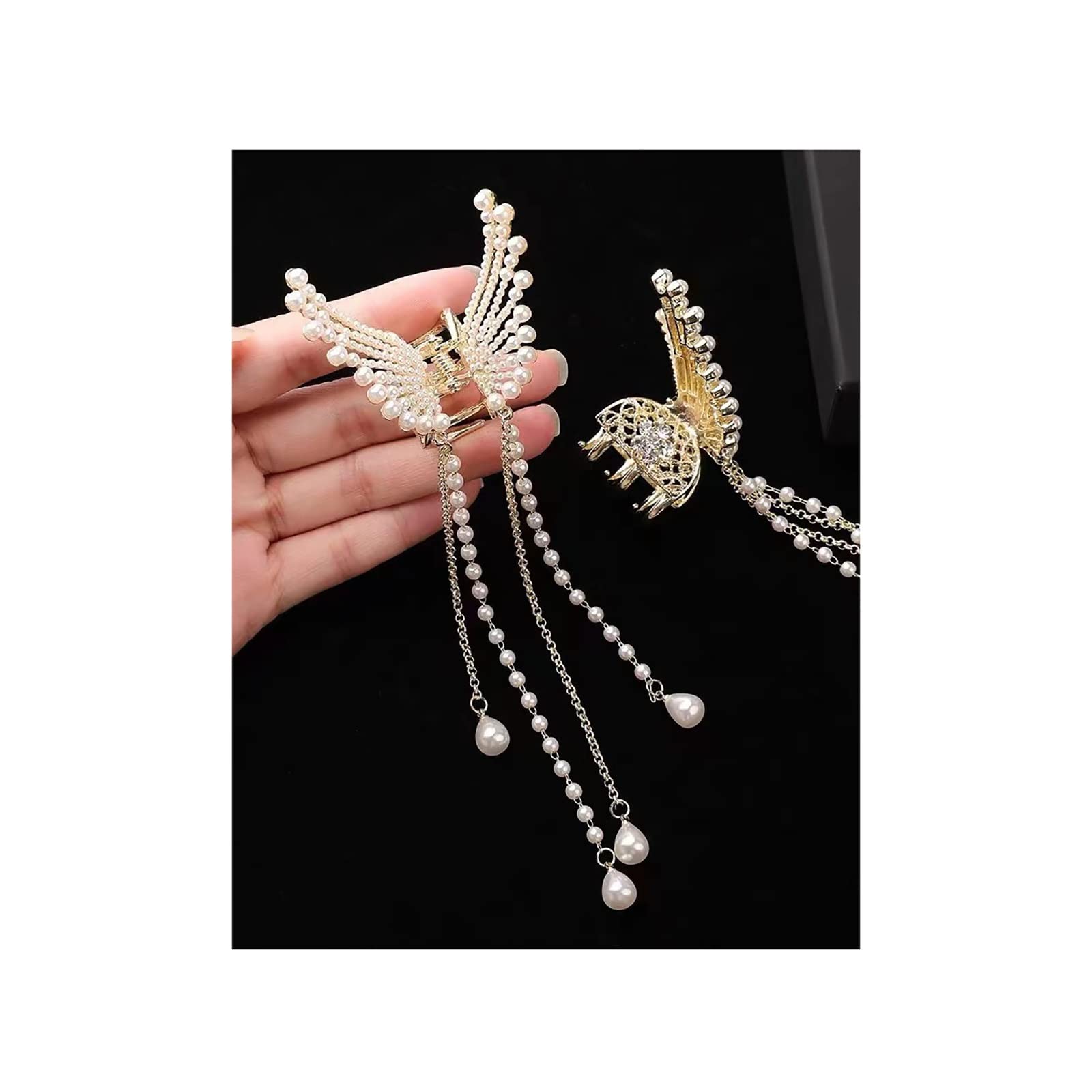 Large Hair Claw Clips for Women - 2 Pack Strong Grip Hair Accessories for Straight & Curly Hair with Butterfly Pearl Design | Perfect for Updos, Ponytails & Everyday Styling