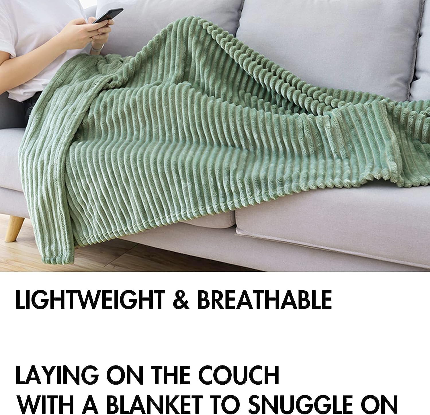 MIULEE 300GSM Super Soft Fleece Throw Blanket - Sage Green Striped 3D Ribbed Jacquard Blanket for Couch, Bed & Sofa | Plush Warm Cozy Blanket (50