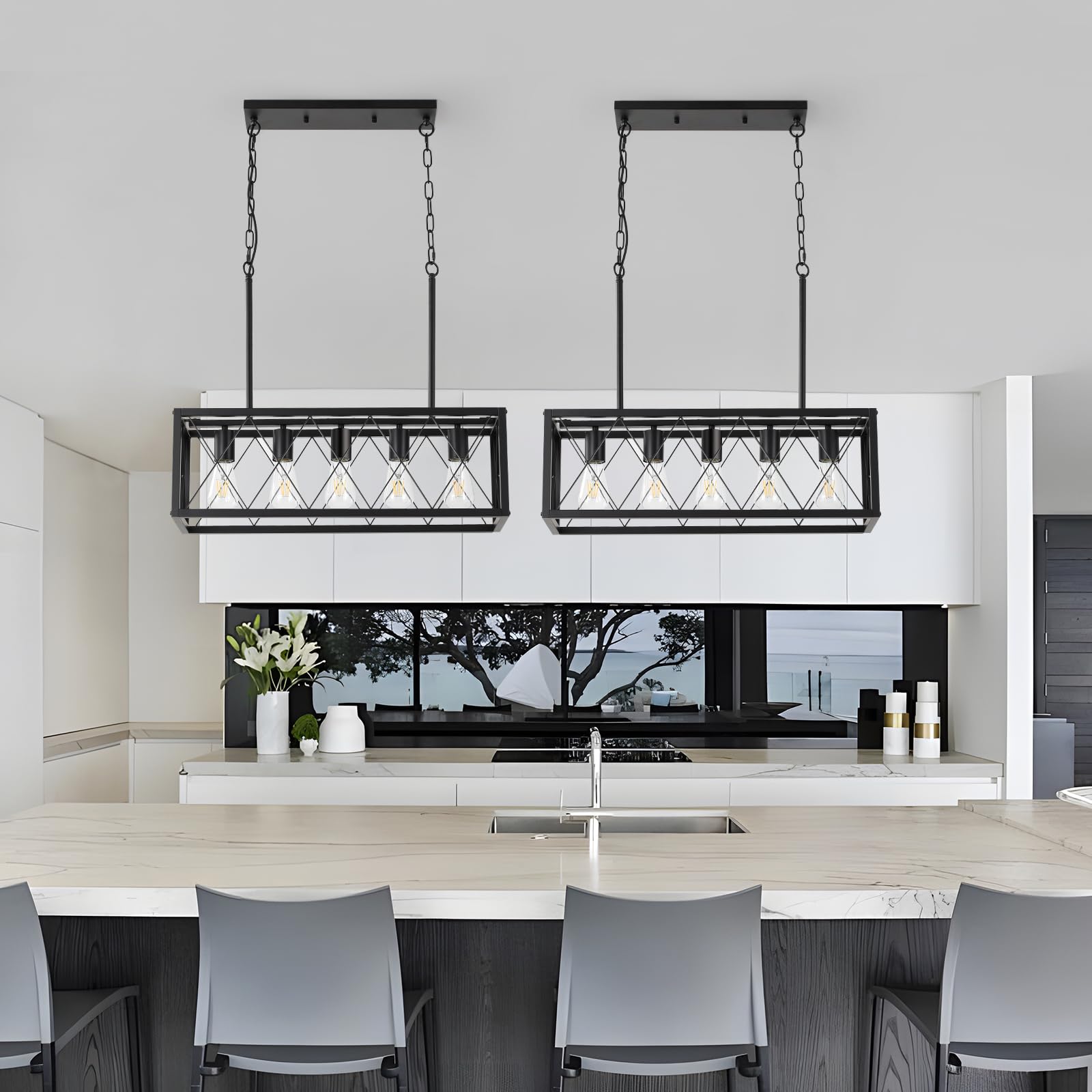 KEESFU Black Farmhouse Kitchen Island Pendant Light - 5-Light Adjustable Height Industrial Dining Room Chandelier for Kitchen, Living Room, Foyer & Over Dining Table or Sink | Rustic Home Decor Lighting Fixture | Perfect for Farmhouse, Industrial & Modern Interior Design