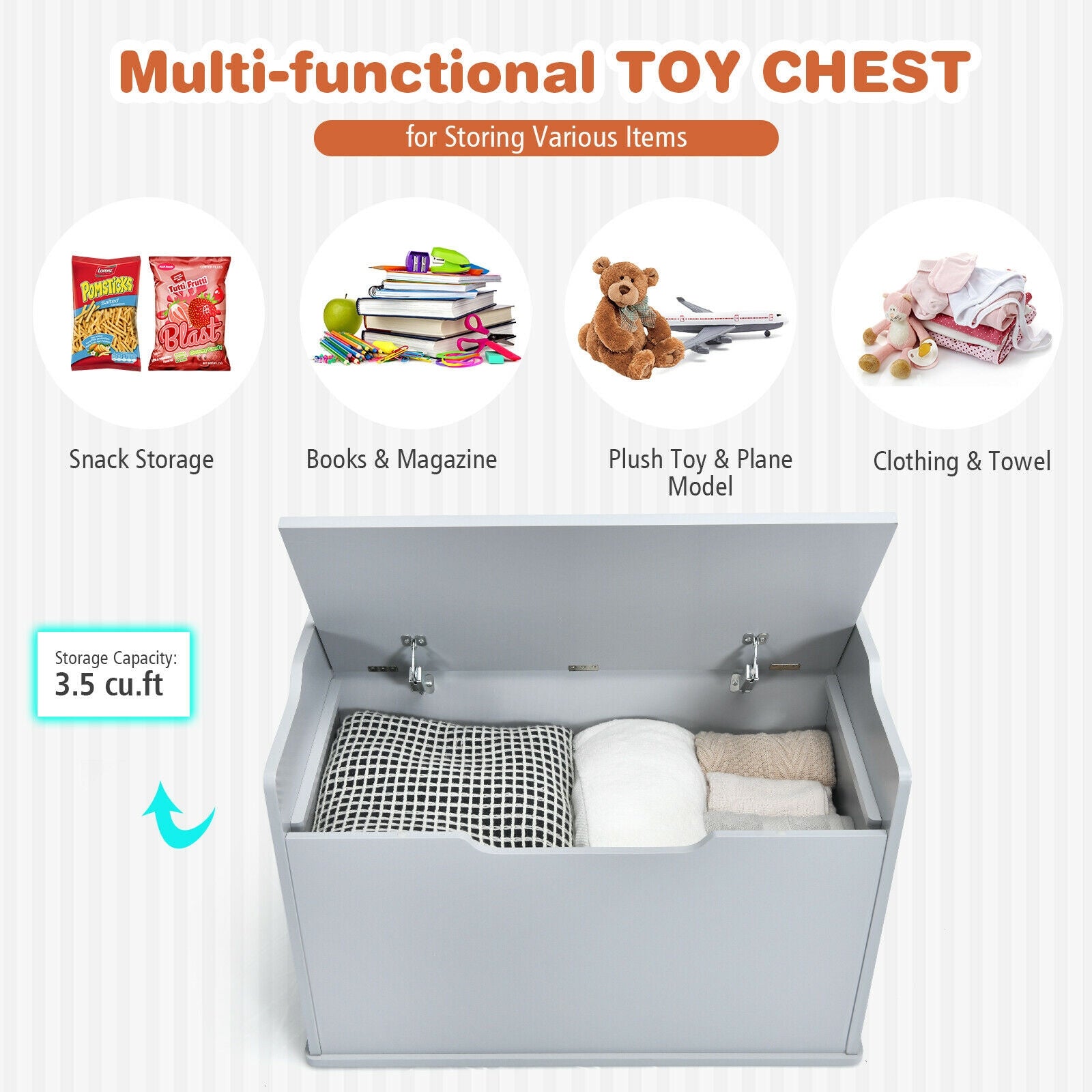 Wooden Flip Top Storage Box with Cushion - Kids Toy Chest Bench with Hinge, Gray - Perfect for Nursery, Playroom & Bedroom Organization