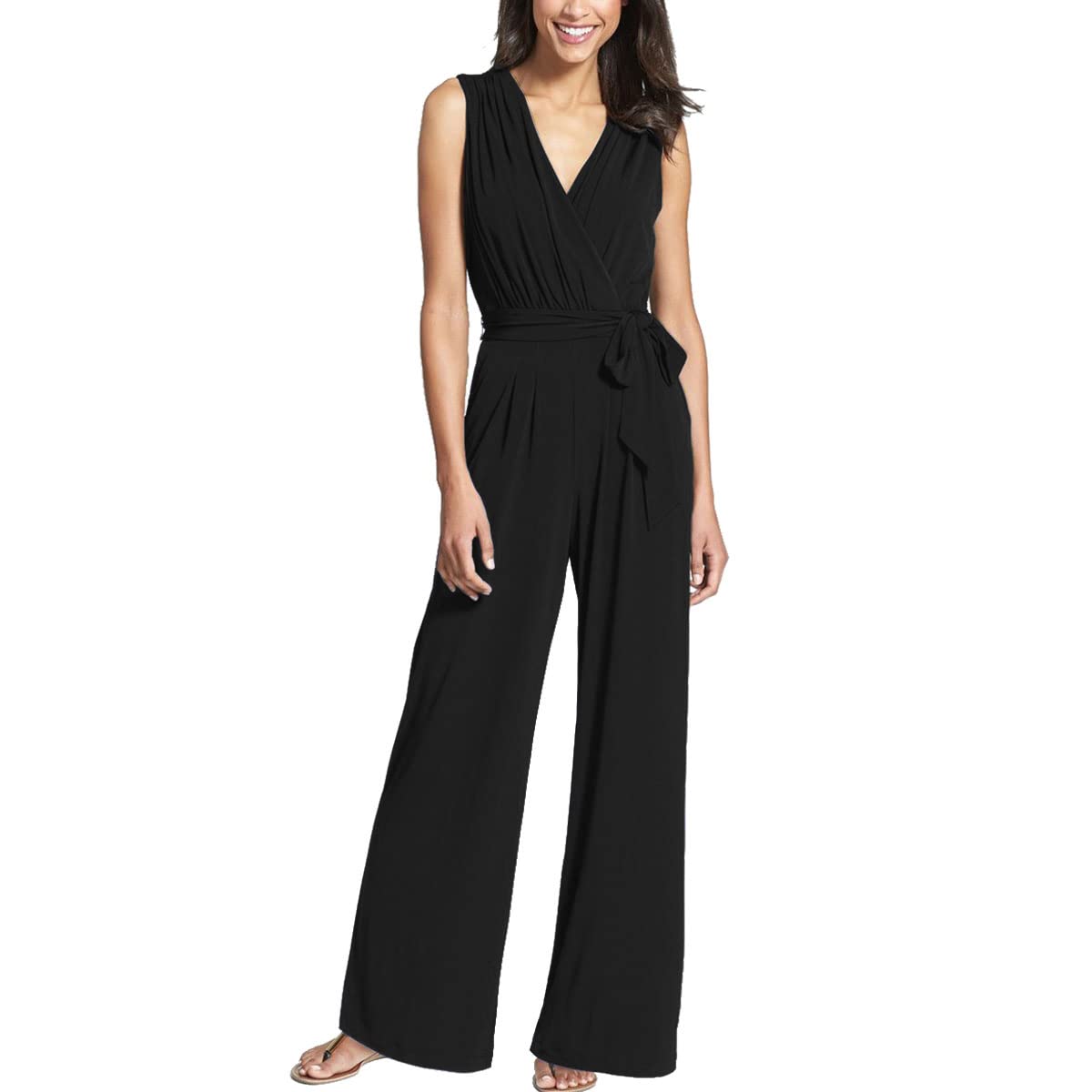 INIBUD Women's V-Neck Sleeveless Jumpsuit - Wide Leg Romper with Pockets, Adjustable Waistband - Sexy Casual Outfit for Summer, Beach, Party & Date Night
