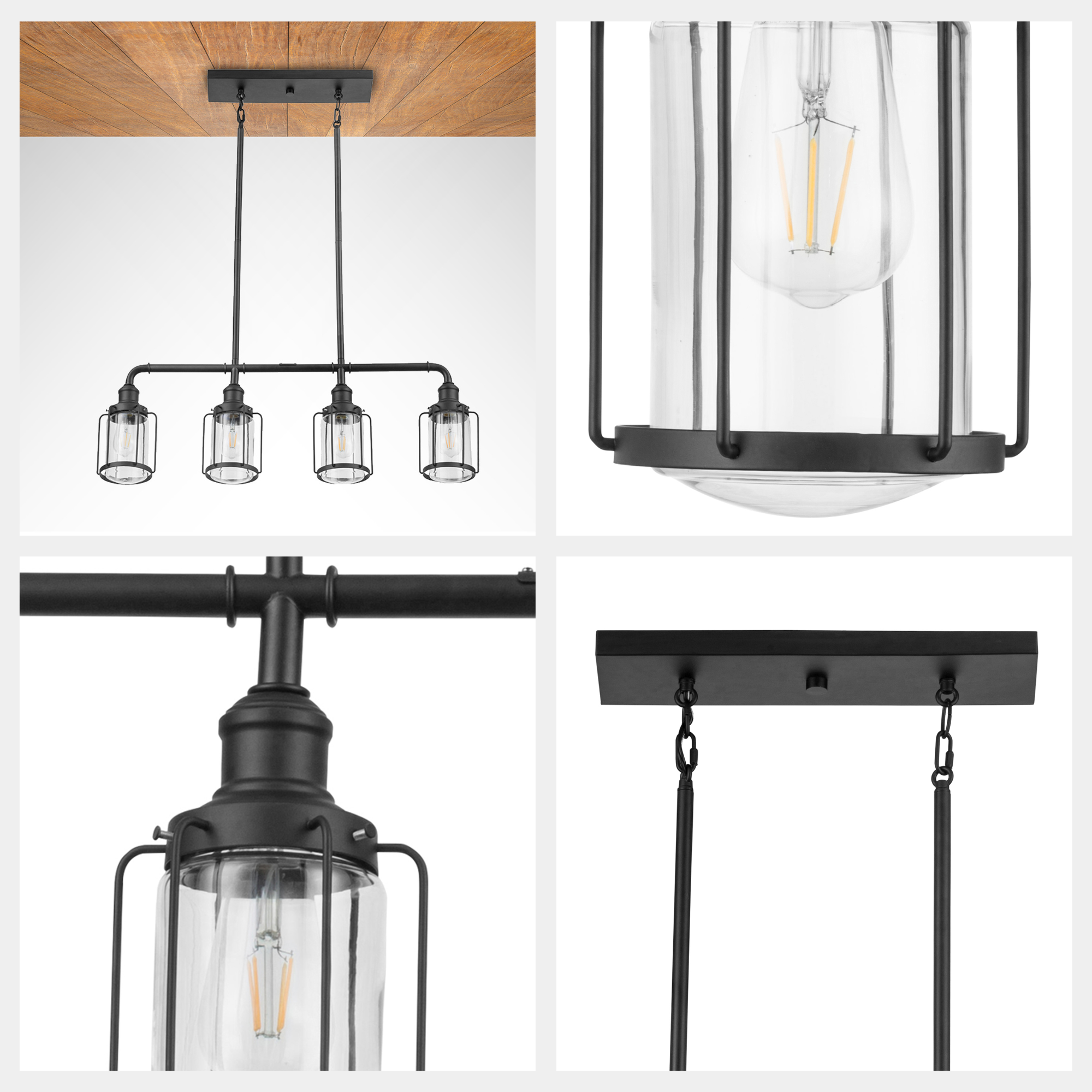 Lincoln Woods Linear Pendant Light - 4-Light Matte Black Modern Farmhouse Lighting for Kitchen Island, Dining Room, or Entryway