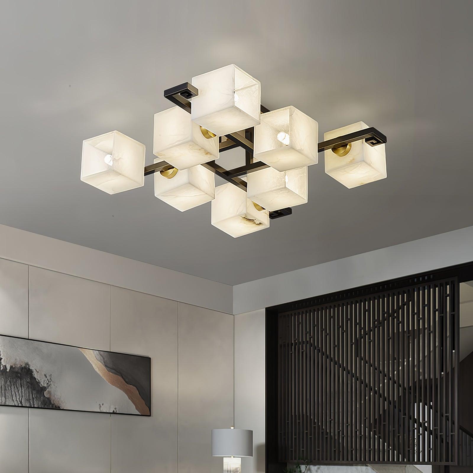 Modern Cubist Alabaster Cluster Ceiling Lamp - Geometric Chandelier for Dining Room, Living Room & Bedroom Lighting - Elegant Home Decor for Contemporary Interiors