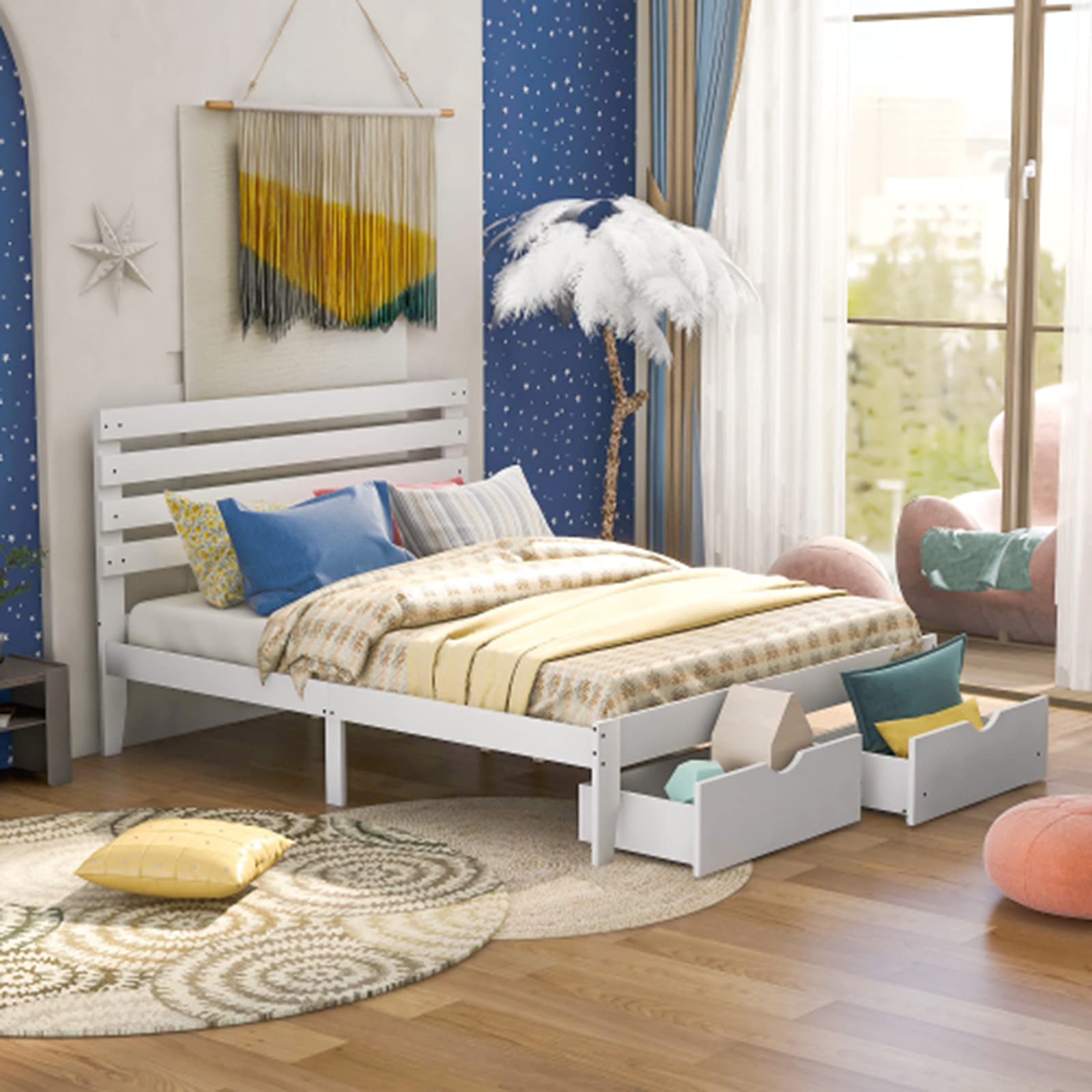 Modern White Wooden Queen Platform Bed Frame with 2 Storage Drawers & Pine Wood Slats - Sturdy Headboard Design, No Box Spring Needed - Perfect for Small Bedrooms, Guest Rooms & Space-Saving Storage Solutions