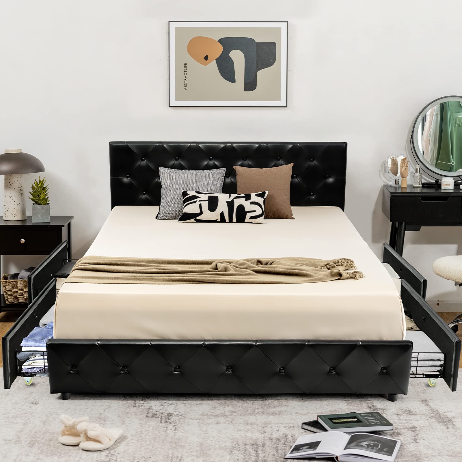 Giantex Full Size Upholstered PU Leather Platform Bed Frame with 4 Storage Drawers, Adjustable Headboard & Solid Wood Slats - No Box Spring Needed - Button Tufted Mattress Foundation - Easy Assembly - Black - Perfect for Small Bedrooms & Guest Rooms