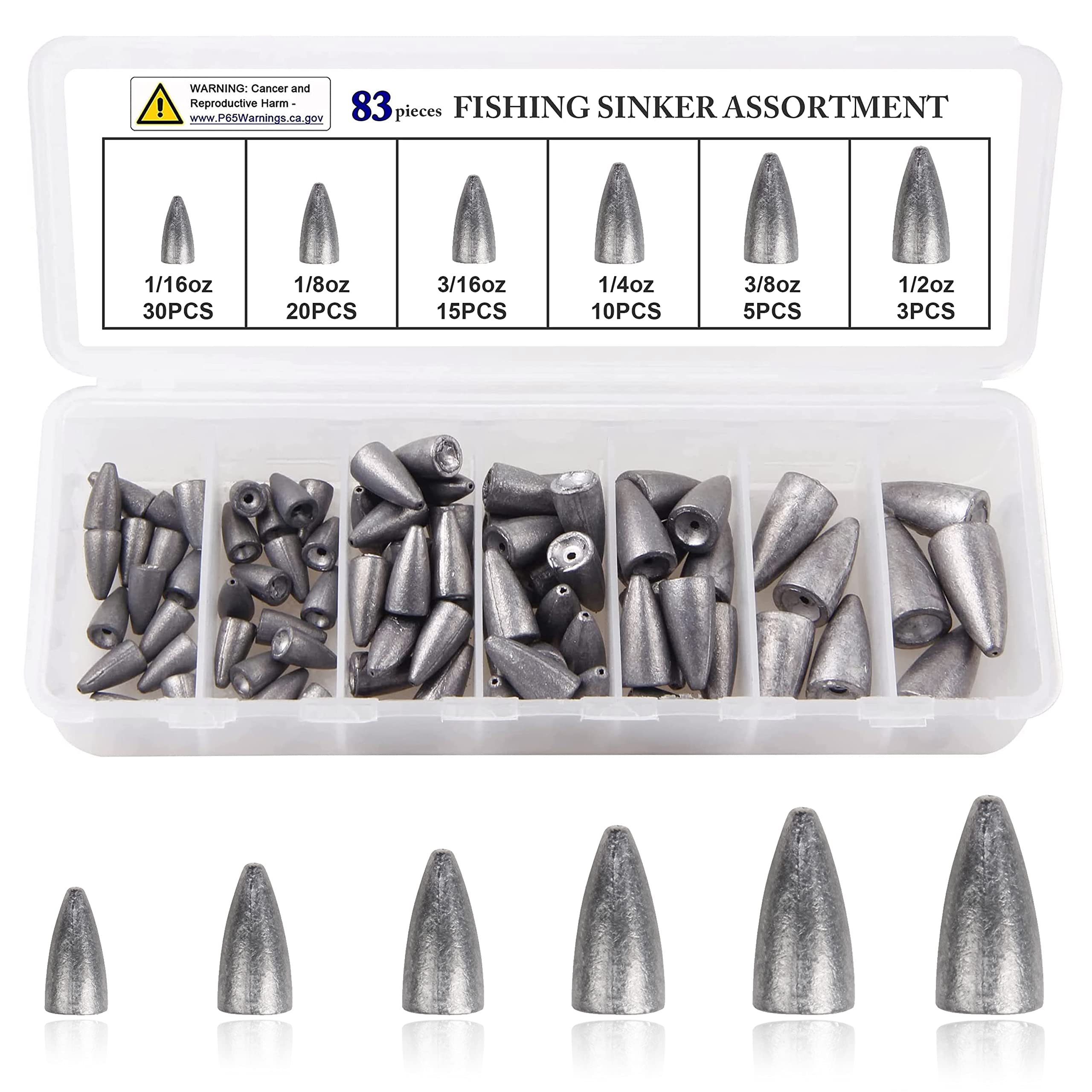 OROOTL 83pcs Bullet Fishing Sinkers Weights Kit - Worm Weights Set for Bass Fishing, Texas Rigs & Carolina Rigs - Sliding Sinkers for Freshwater & Saltwater Fishing Gear Tackle - Perfect for Shore Fishing, Boat Fishing, and Kayak Angling